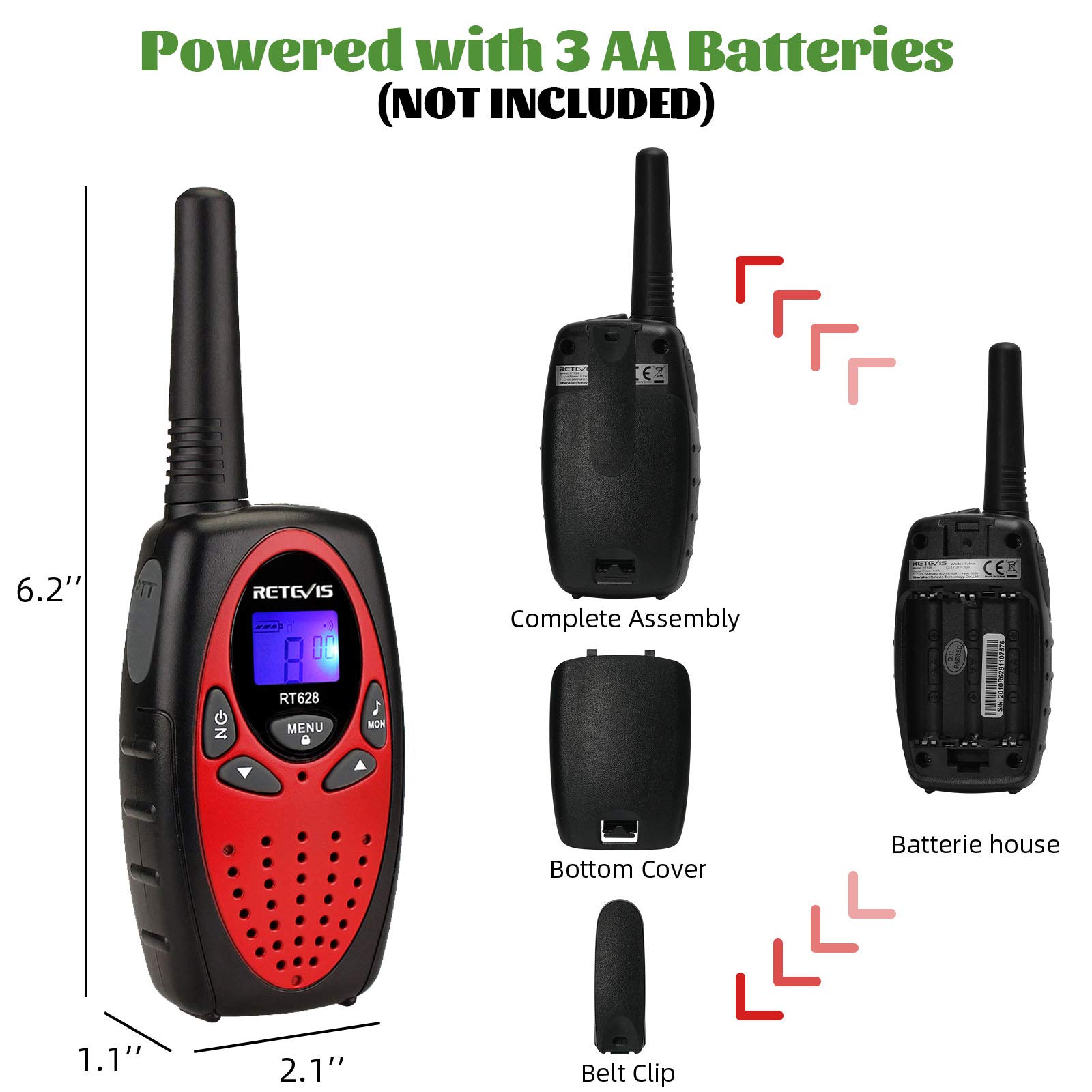 Retevis RT628 Kids Walkie Talkies - Rechargeable Long Range Walkie Talkies for Children, Birthday & Holiday Toy Gifts for Family - Easy to Use for Camping, Hiking & Outdoor Adventures (2 Pack, Red) - Perfect for Backyard Play, Road Trips & Family Bonding Activities
