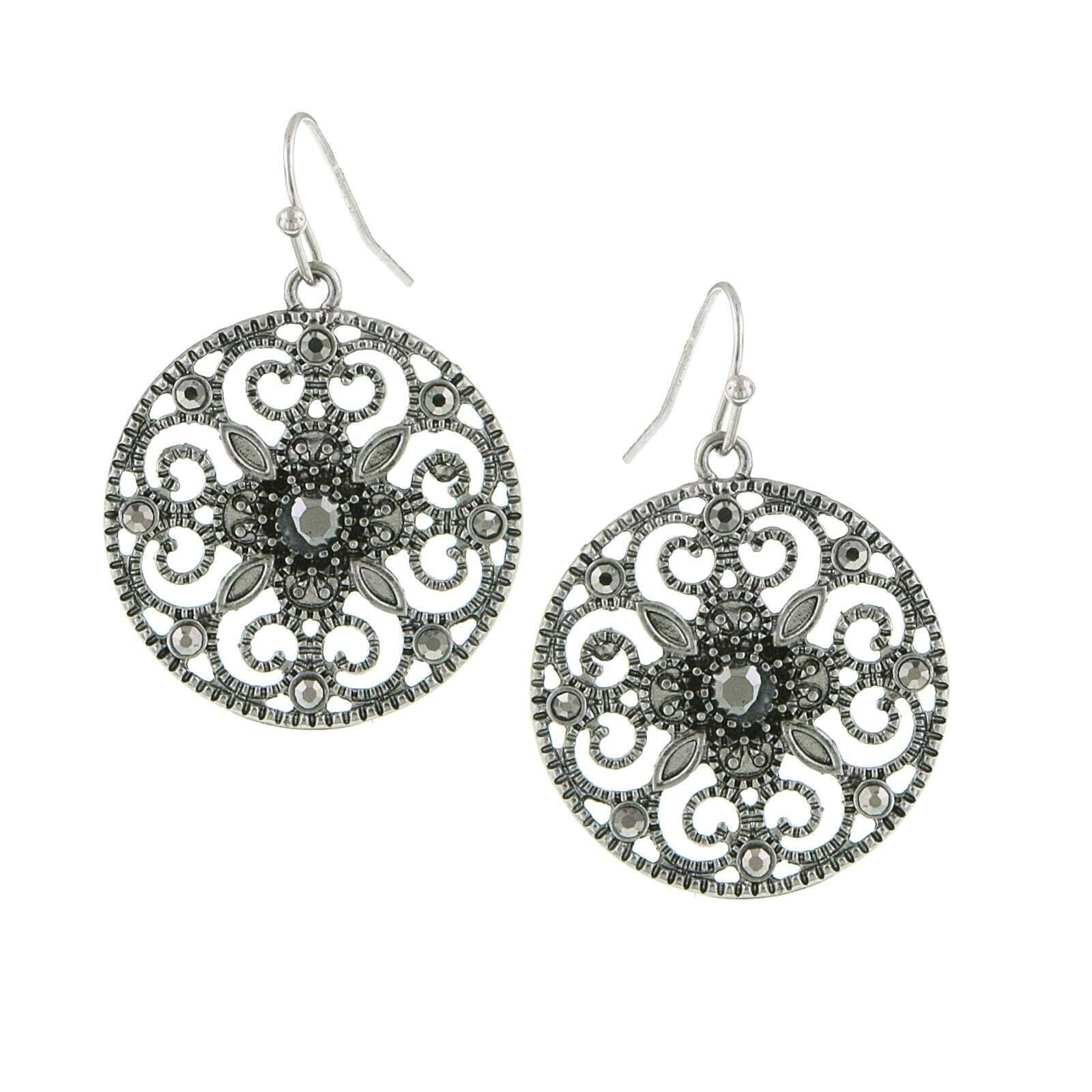 1928 Jewelry Hematite Round Filigree Drop Earrings for Women - Vintage Style Dangle Earrings for Party, Wedding & Evening Wear