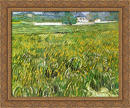 Vincent van Gogh Wheat Field at Auvers with White House - 24x20 Inch Gold Ornate Wood Framed Canvas Art Print - Wall Decor for Living Room, Bedroom & Office