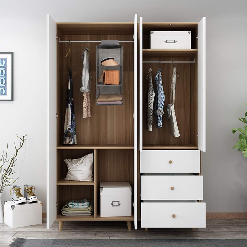 Space-Saving Hanging Closet Organizer with Hooks - 3-Tier Collapsible Storage Shelves for Sweaters, Socks, Pants & Shoes (Grey) - Perfect for Small Closets, Dorm Rooms & RV Storage