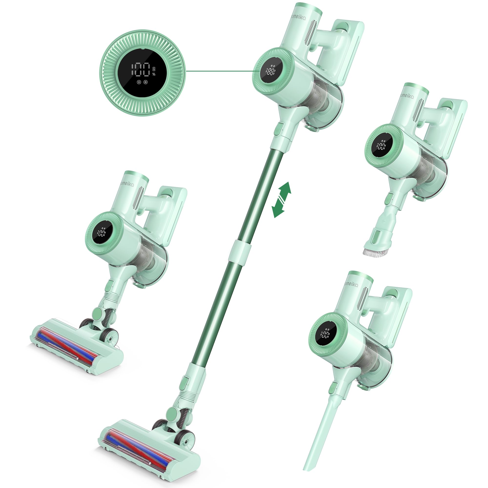 Homeika Cordless Stick Vacuum Cleaner - 200W Powerful Suction, 8-in-1 Multi-Surface Vacuum with LED Display & 1.5L Dust Cup | 30 Min Runtime for Carpets, Hard Floors & Pet Hair (Green) | Perfect for Home Cleaning, Car Detailing & Pet Owners