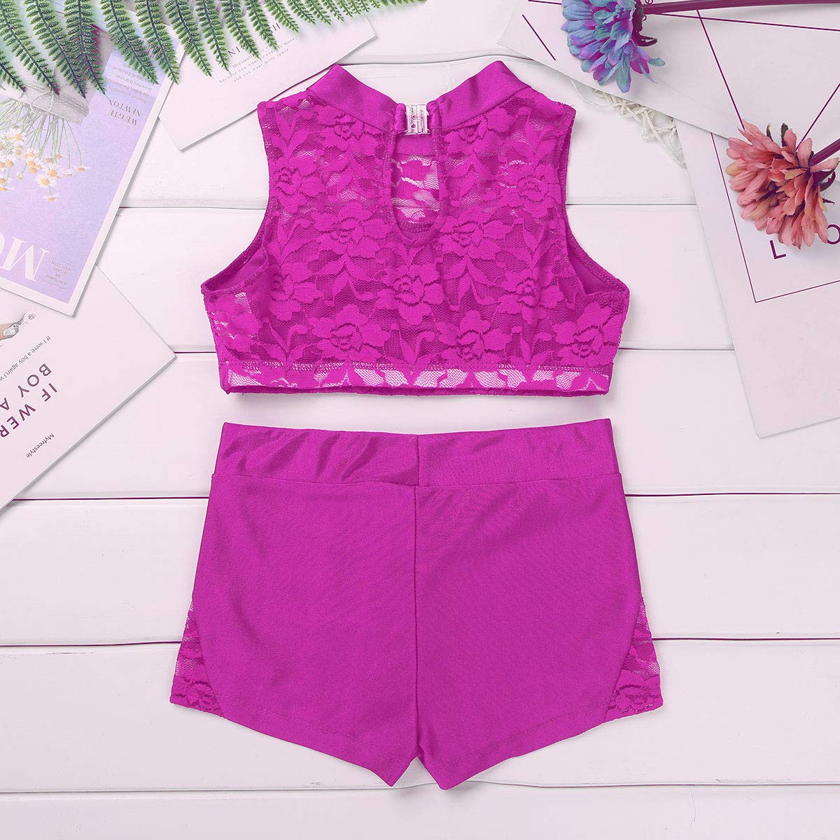 2Pcs Girls Dance Outfit Set - Sleeveless Floral Lace Tank Top & Booty Shorts for Kids, Toddler Athletic Wear, Ballet, Gymnastics, Cheerleading & Playtime