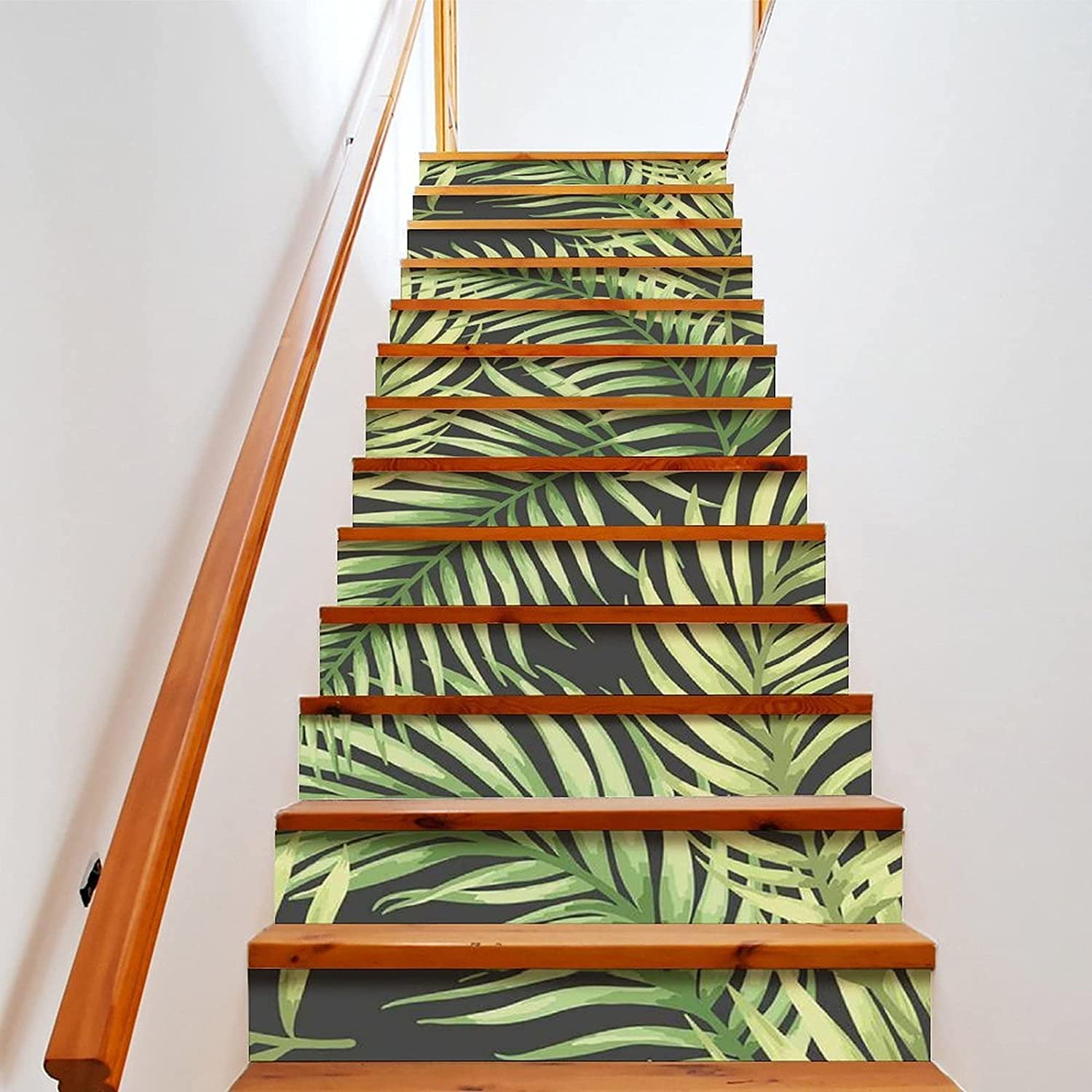 Vintage Tropical Leaves Stair Risers Stickers - Removable 3D Wall Mural Decals for Stairway, Peel and Stick Wallpaper Home Decor (13 Pieces/Pack) - Perfect for Boho Home Decor, Staircase Makeover & Tropical Themed Interior Design