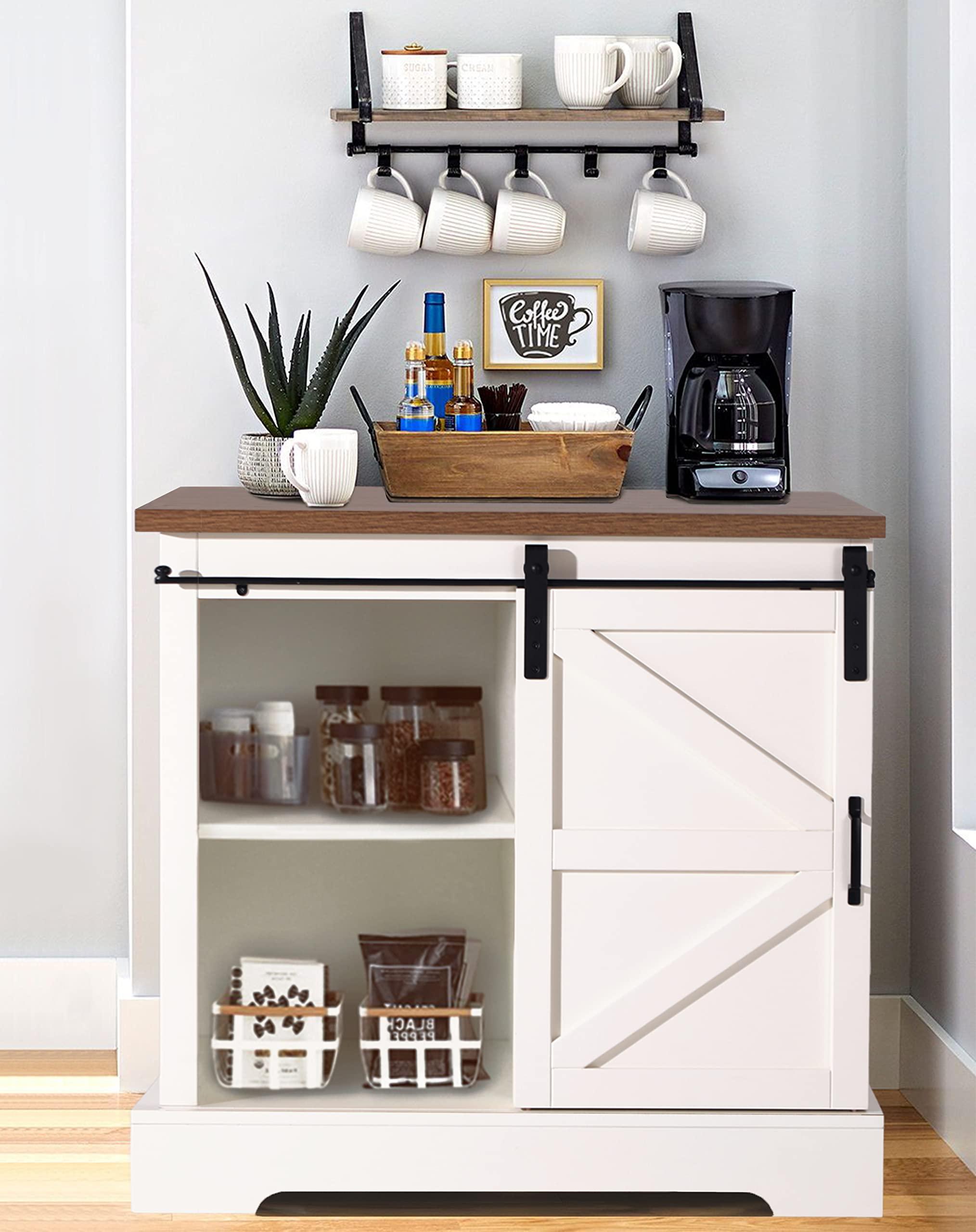 PHI VILLA Farmhouse Coffee Bar Cabinet with Sliding Barn Door - Rustic Kitchen Sideboard Buffet Storage for Dining Room, Living Room & Home Office - Perfect for Organizing Dishes, Glassware & Coffee Essentials