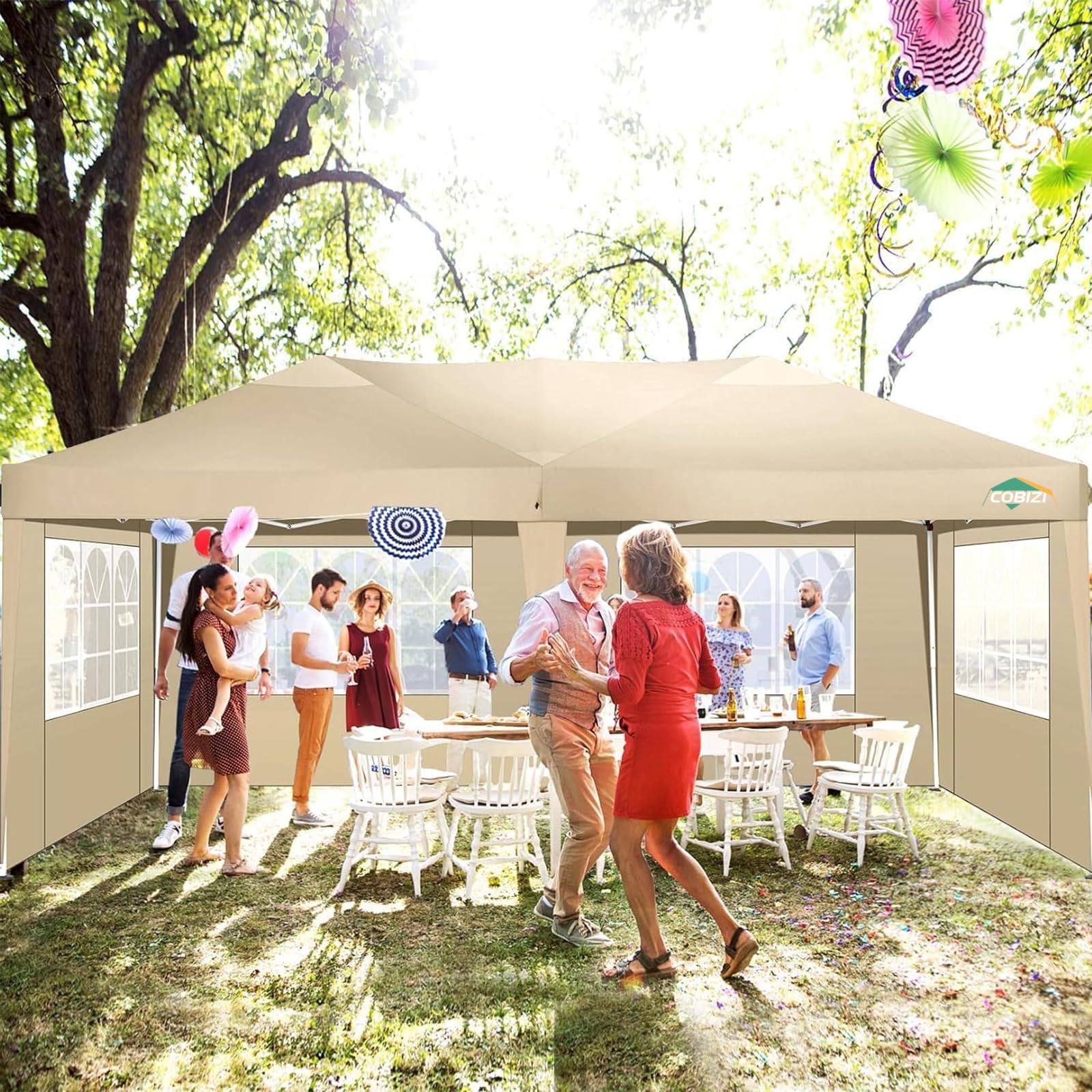 COBIZI 10x20 Pop Up Canopy Tent with 6 Sidewalls - Waterproof Outdoor Event Shelter, Instant Gazebo Sun Shade for Parties, Beach, Camping & Commercial Use | Portable 10'x20' Khaki Canopy for Backyard, Tailgating & Farmers Markets