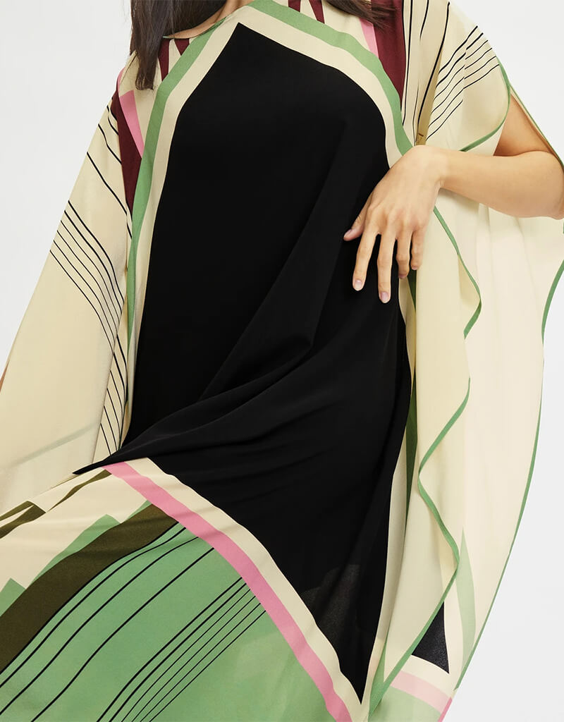Luxury Black and Beige Silk Crepe Kaftan Dress - Elegant Flowy Maxi Kaftan for Women - Perfect for Beach Cover Up, Resort Wear & Boho Chic Outfits
