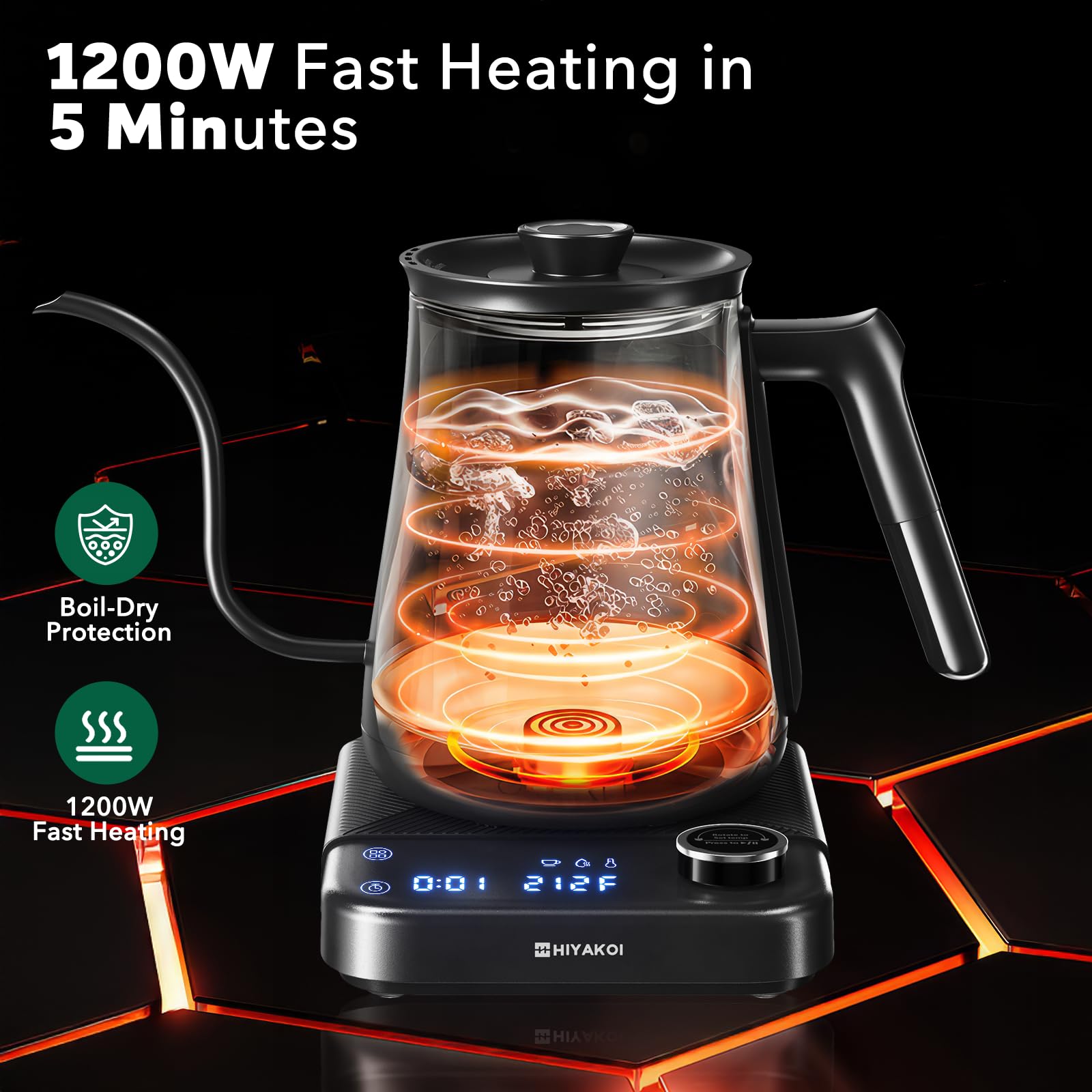 HIYAKOI Gooseneck Electric Kettle with Precise Temperature Control - 1200W Fast Heating Stainless Steel Pour Over Kettle for Coffee & Tea (0.8L) - Keep Warm Function - Perfect for Home Brewing, Office Use, and Gift Giving