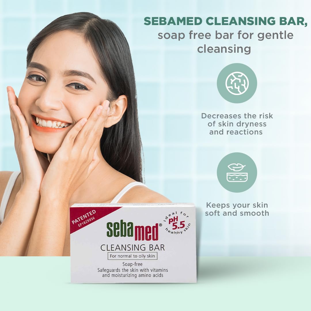 SebaMed pH5.5 Gentle Cleansing Bar - Soap Free, Moisturizing Bath Bar with Vitamins & Amino Acids | Dermatologist Tested, Non-Drying Formula | Ideal for Sensitive Skin, Eczema & Daily Face/Body Wash (100g)