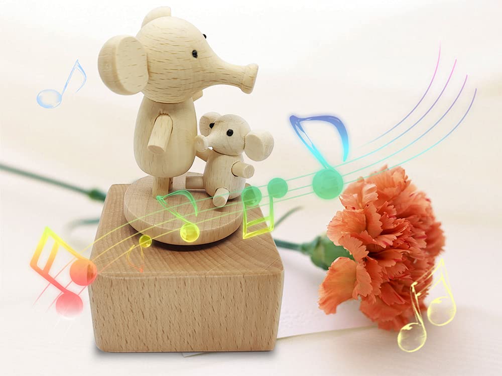 Mini Wooden Elephant Music Box - Cartoon Animal Mechanical Music Box Plays Castle in The Sky - Perfect Gift for Kids, Boys & Girls - Birthday, Christmas & Special Occasion Gifts - Home Decor & Nursery Musical Toy