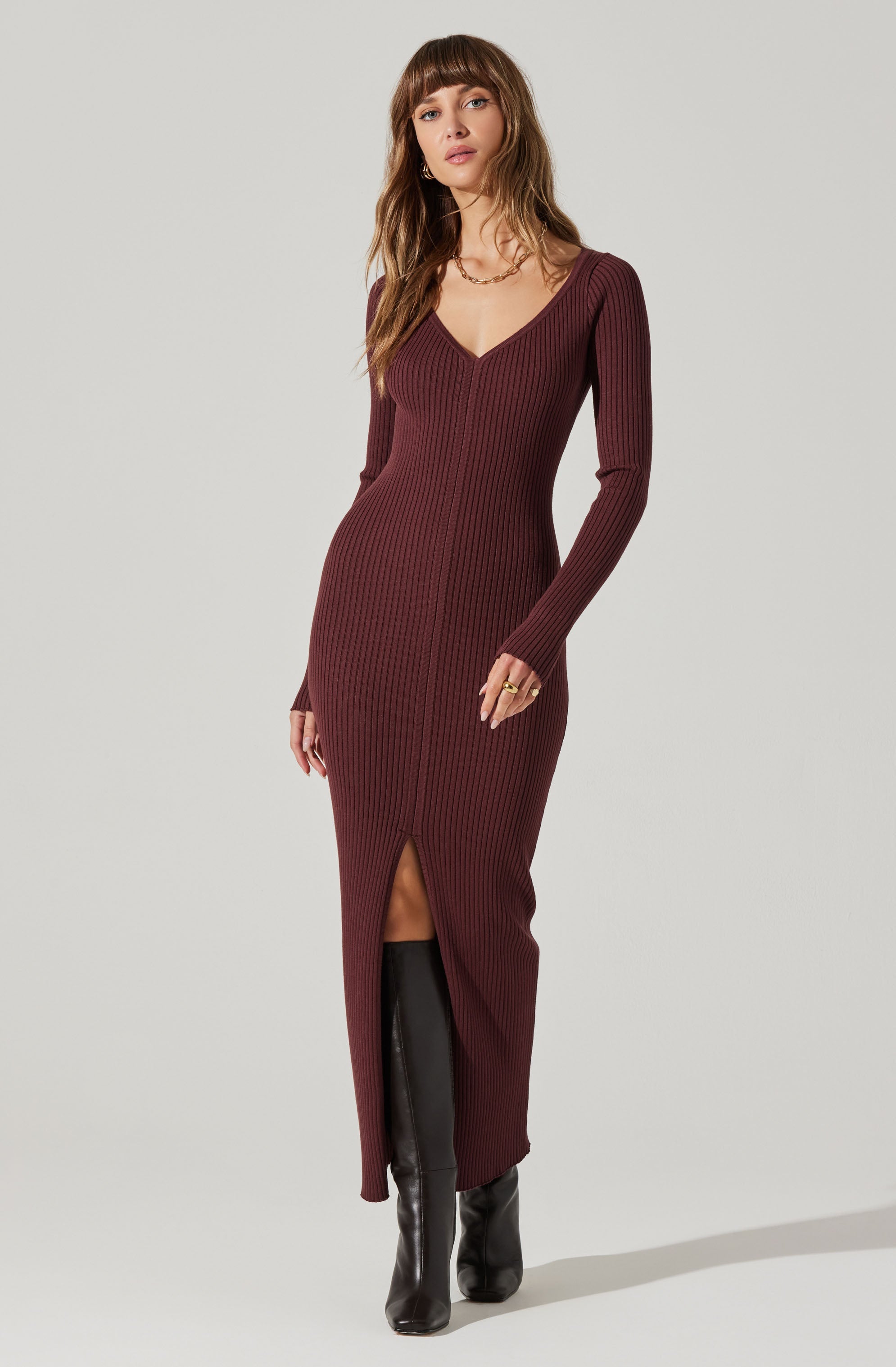 Glenda V-Neck Maxi Sweater Dress for Women - Soft Knit Long Sleeve Tunic Sweater Dress - Perfect for Fall Winter, Date Night & Office Wear