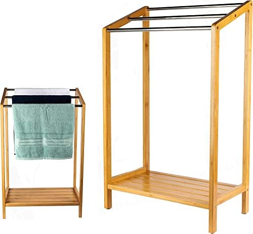 Premium Wooden Freestanding Multi-Tier Towel Rack Stand with Shelf - Bathroom, Bedroom, Gym & Kitchen Towel Holder - Space-Saving Ladder Design for Hand Towels, Blankets & Robes (Model A25)