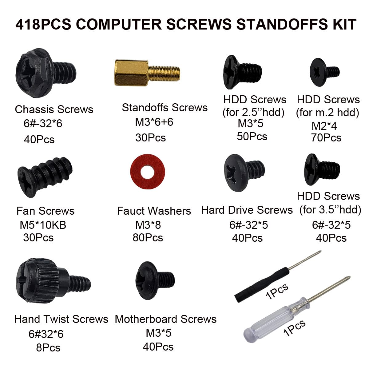 Tom's World 418-Piece Computer Screw Assortment Kit - Motherboard, HDD, SSD, Cooling Fan, ATX Case & Laptop Repair Screws & Standoffs | Perfect for PC Building, Hardware Upgrades & Electronics Maintenance