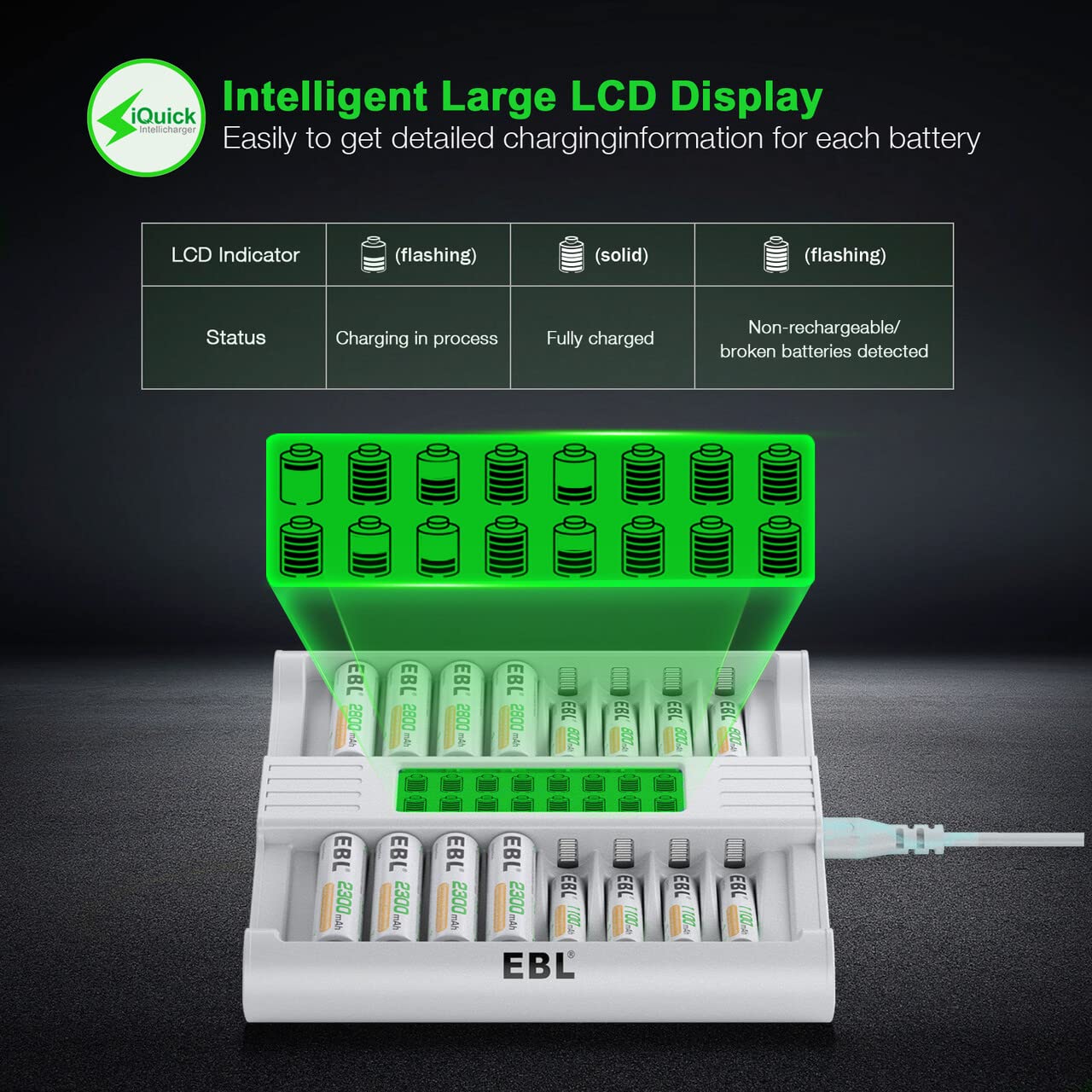 EBL 16 Bay AA AAA Battery Charger with LCD Display - 1 Hour Fast Charging for NiMH Rechargeable Batteries - Includes AC Power Cord - Perfect for Cameras, Toys, Flashlights & Home Electronics
