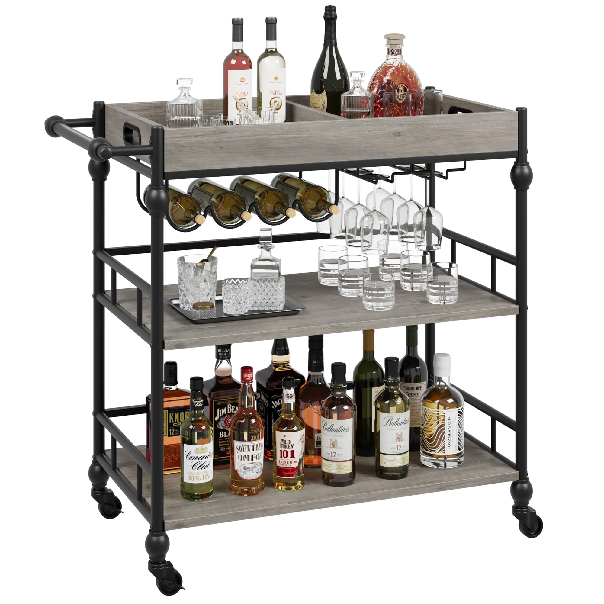 GARVEE 3-Tier Rolling Bar Cart with Wheels - Wine Rack & Glass Holder - Mobile Kitchen, Living Room, Dining Room Furniture - Grey - Perfect for Home Entertaining & Small Space Storage