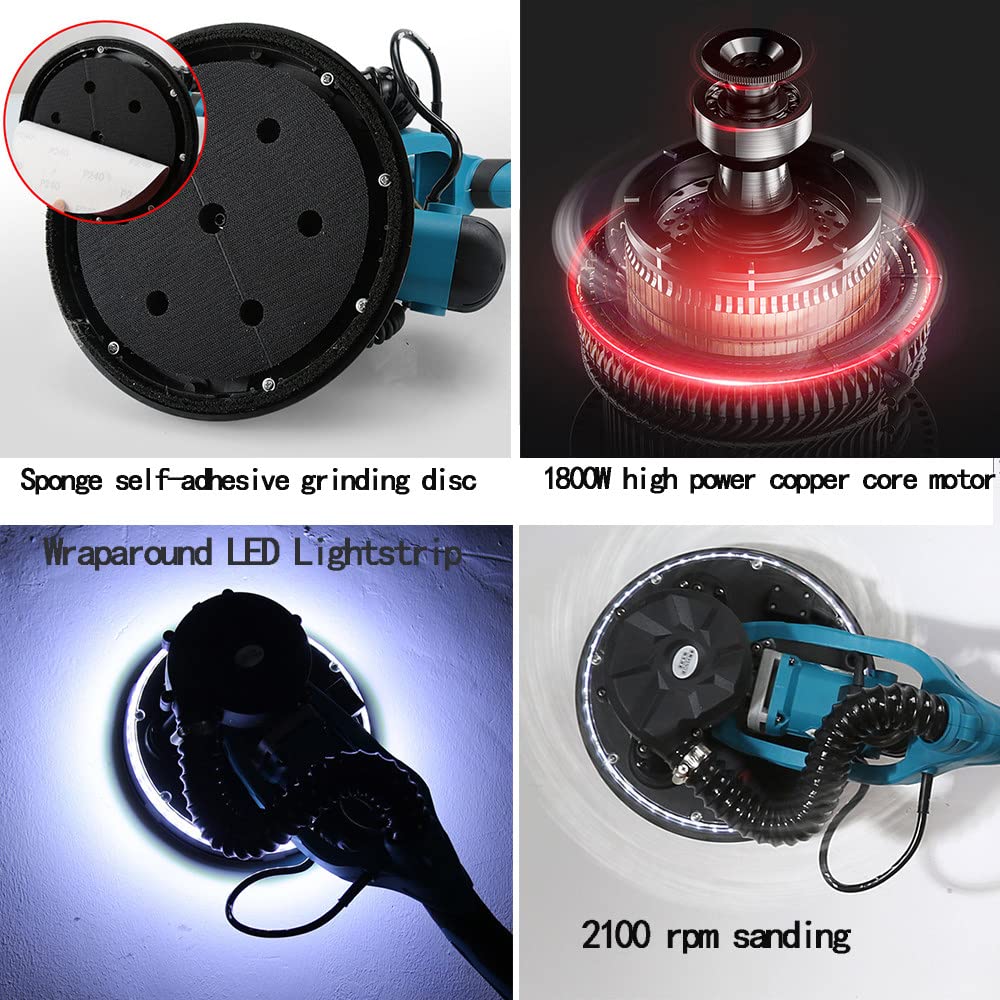 1800W Electric Drywall Sander with LED Lights & Dust-Free Vacuum System - Adjustable Speed 1000-2100RPM, Foldable Design, Includes 50 Sandpapers - Perfect for Wall Repair, Home Renovation, and Professional Construction Projects