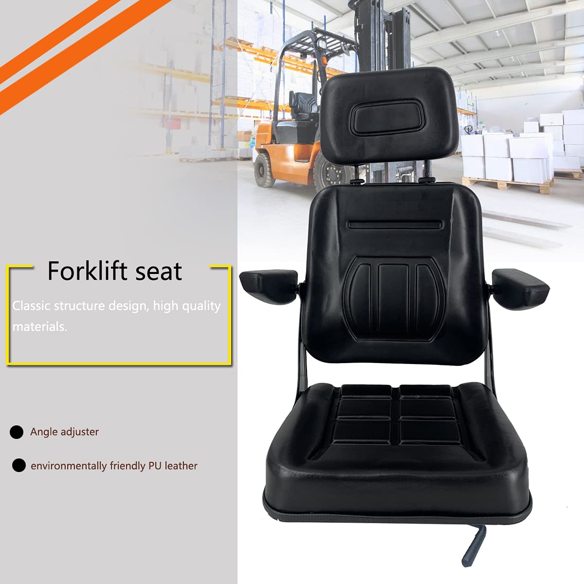 Universal Heavy-Duty Forklift Seat with Adjustable Armrest, Backrest & Headrest - Ergonomic Suspension Seat with Slide Rails - Fits Excavators, Forklifts, Tractors & Skid Steer Loaders - Ideal for Construction, Warehouse & Industrial Equipment Operators