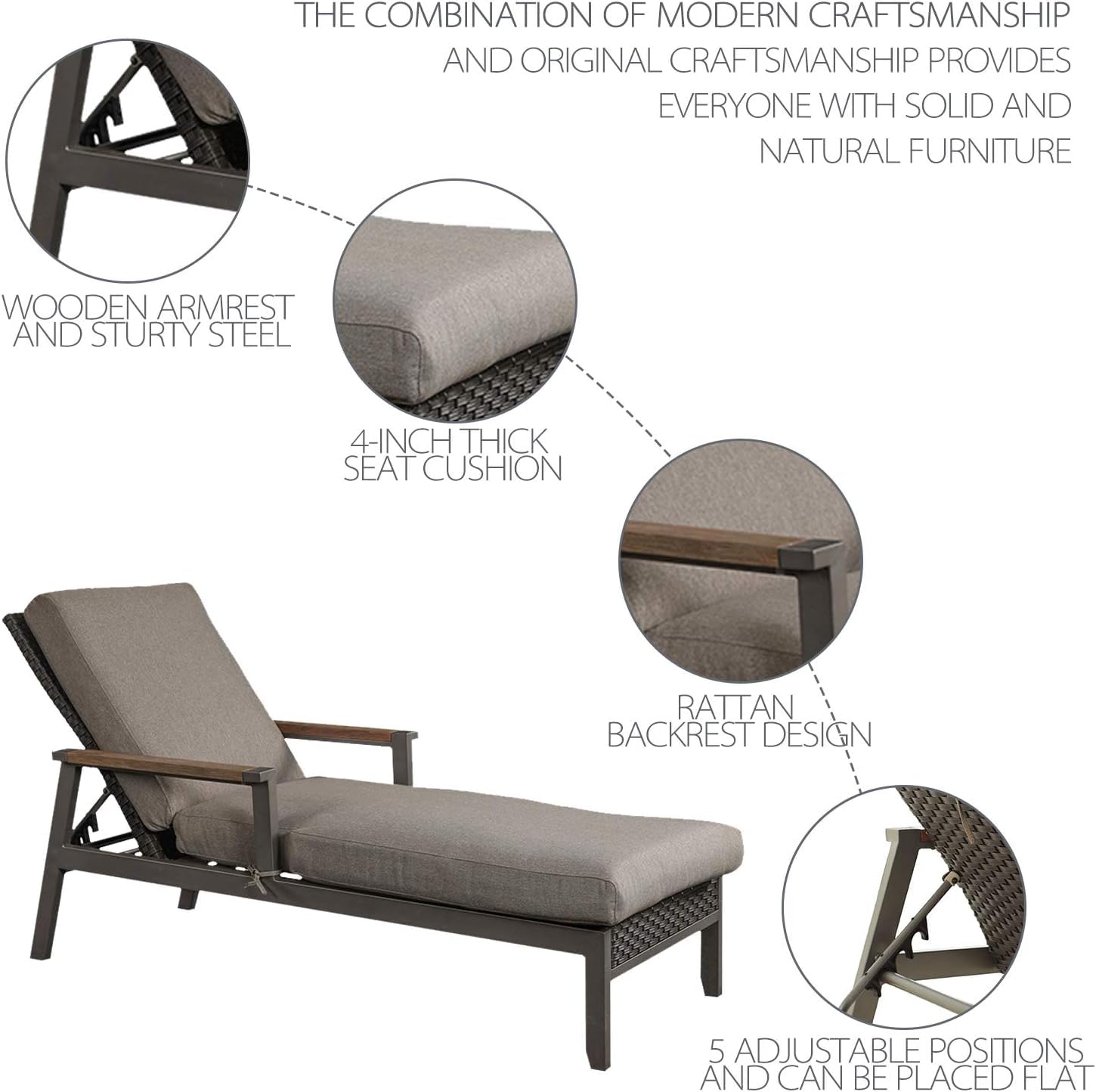 LOKATSE HOME Adjustable Patio Chaise Lounge Chair - Steel Frame Wicker Sun Lounger with Thick Cushion, Grey - Perfect for Poolside, Backyard, Beach & Outdoor Relaxation