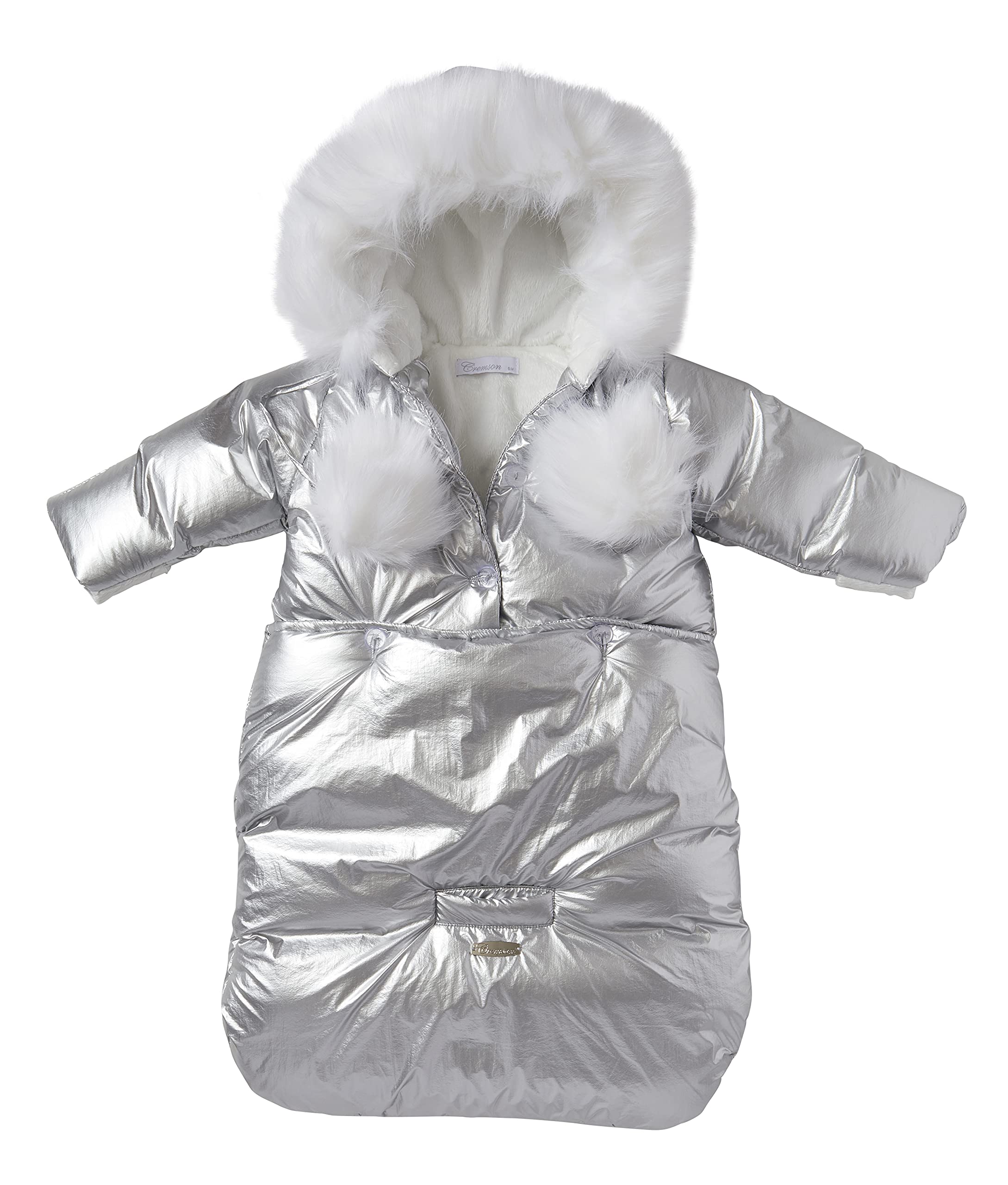 Cremson Baby Snowsuit Bunting - Silver Metallic 2-Piece Winter Puffer Jacket & Pram Bag Set for Newborns 0-6 Months | Warm Infant Outerwear for Girls & Boys | Perfect for Stroller Walks, Snow Play & Cold Weather Outings