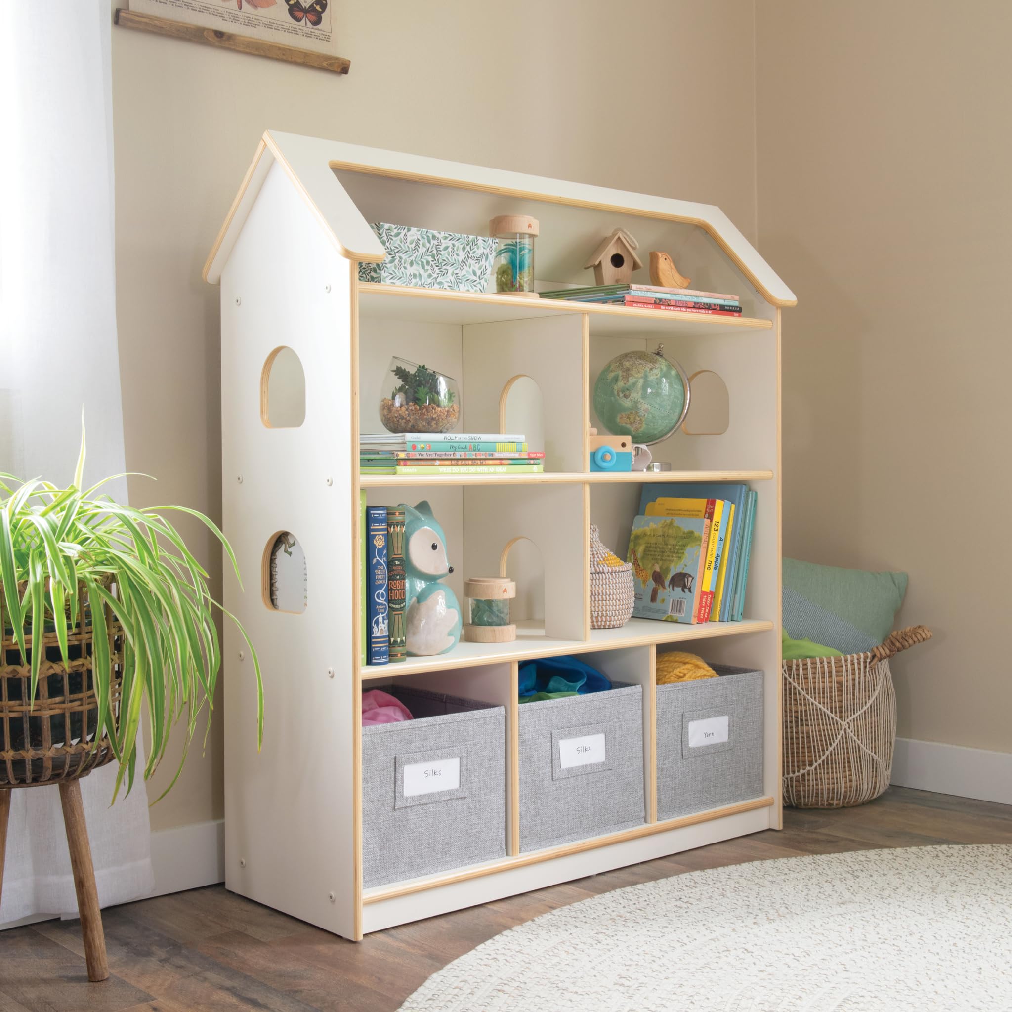 Guidecraft EdQ Dollhouse Bookcase - White: Kids Bookshelf with Storage Bins for Dolls, Books, Toys & School Supplies | Perfect for Bedroom, Playroom & Classroom Organization