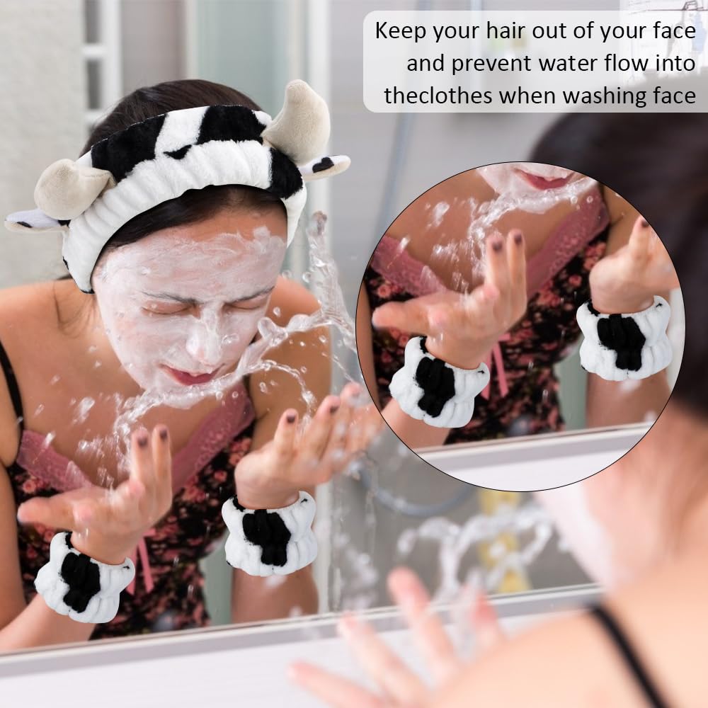 AHONEY Cow Print Fluffy Headband & Wristbands Set - Cute Cow Ears Spa Hair Band for Women, Girls & Kids - Soft Makeup & Skincare Accessories - Perfect for Facial Care, Costume Parties & Birthday Gifts