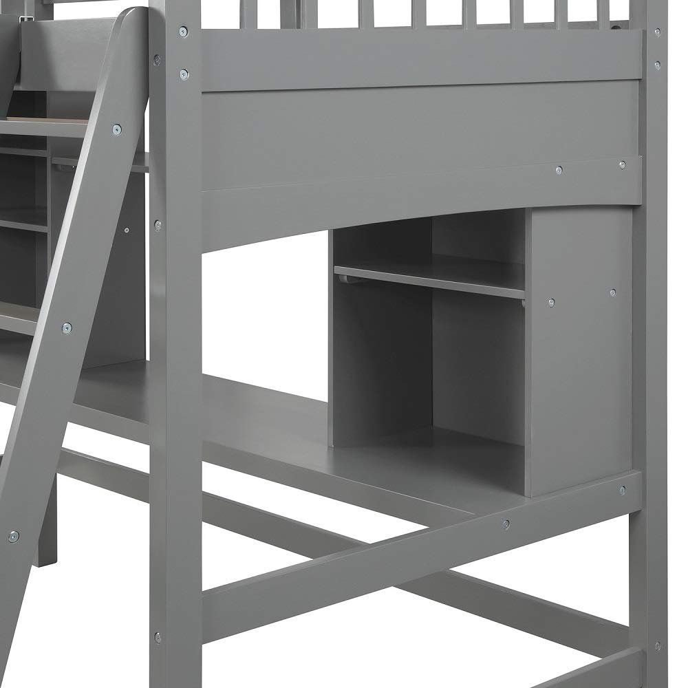 MERITLINE Twin Size Wood Loft Bed with Study Desk & Angled Ladder - Natural Grey Finish for Kids & Teens | Space-Saving Bedroom Furniture for Small Rooms & Dorm Living