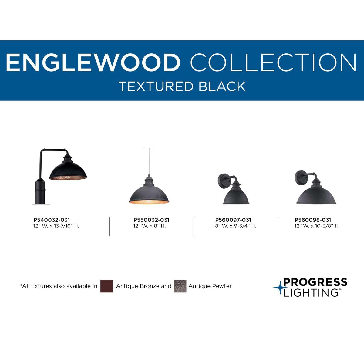 Progress Lighting Englewood Collection 1-Light Farmhouse Outdoor Wall Lantern - Textured Black Finish, 10.38x12x12 Inches - Perfect for Porch, Patio & Garden Lighting