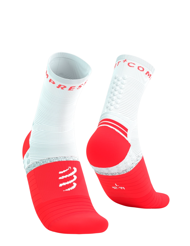 Compressport Unisex Pro Marathon Running Socks V2.0 - High Performance Athletic Socks for Men & Women - Breathable Cushioned Compression Socks for Long Distance Running, Cycling & Triathlon - Fluorescent Red/White Design