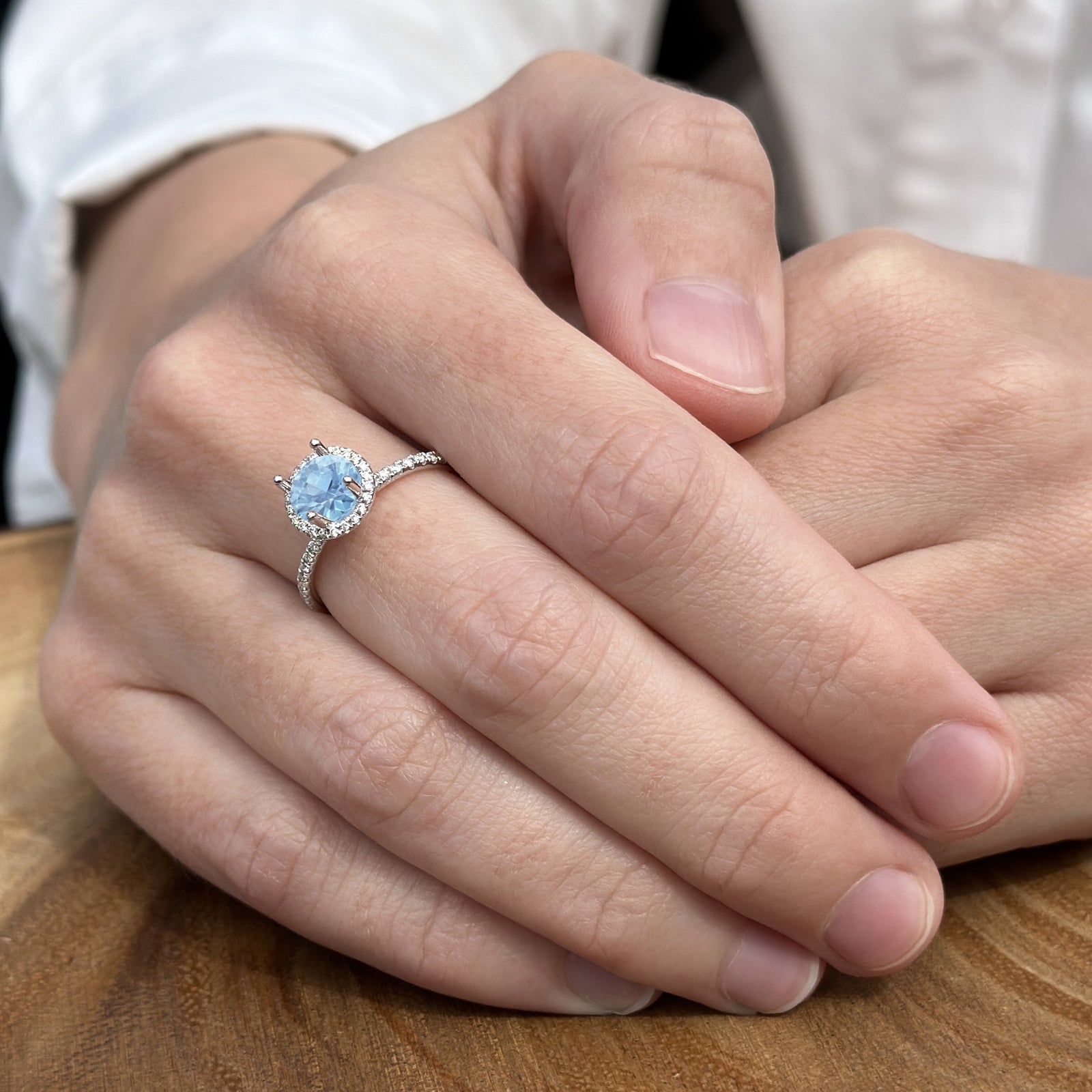 14K Yellow Gold Round Halo Natural Aquamarine Diamond Ring for Women - Elegant March Birthstone Jewelry Gift for Engagement, Wedding & Anniversary