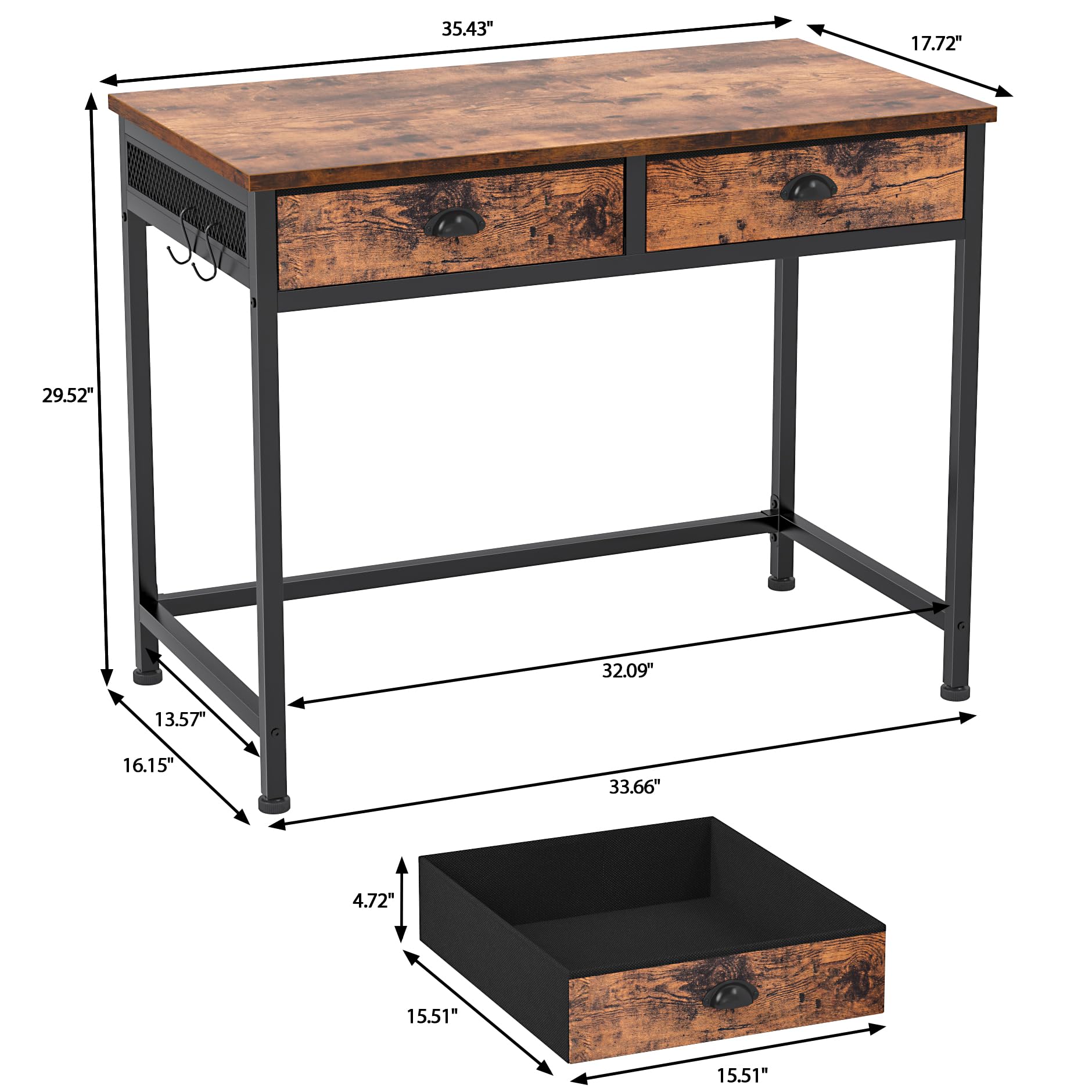 Furologee 36 Inch Computer Desk with 2 Fabric Drawers - Small Home Office Writing Desk, Vanity Makeup Table with Hooks - Rustic Brown Study Desk for Small Spaces - Perfect for Home Office, Dorm Room & Bedroom Workspace