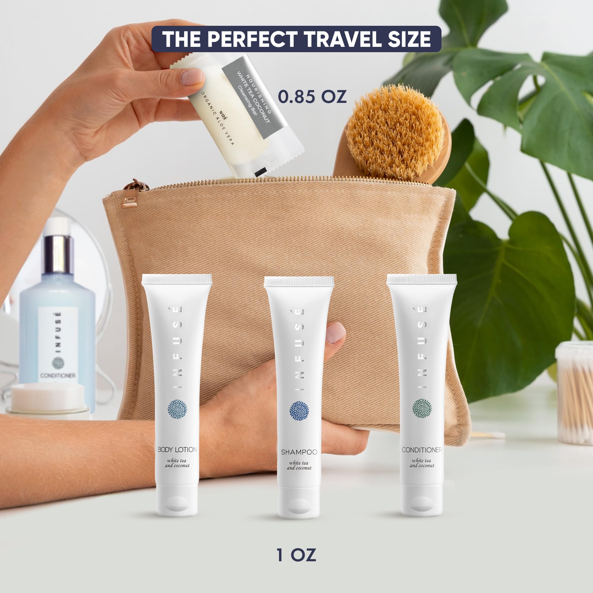 Infuse Soaps & Toiletries Bulk Set - 200 Pieces Travel Size Amenities Kit with 1 oz Shampoo, Conditioner, Lotion & 40g Bar Soap | Perfect for Hotels, Vacation Rentals, Spas & Guest Bathrooms | Eco-Friendly Hospitality Essentials
