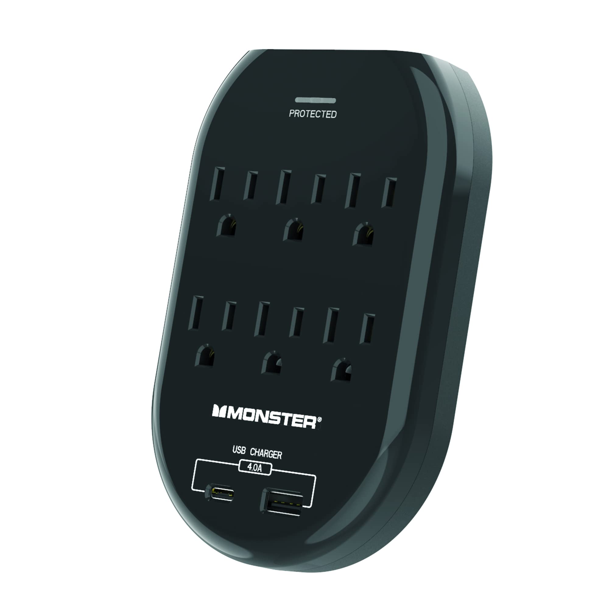 Monster 6-Outlet Wall Tap with 2 USB-A & 2 USB-C Ports - Space Saving Power Strip for Home Office, Bedroom, Kitchen & Travel
