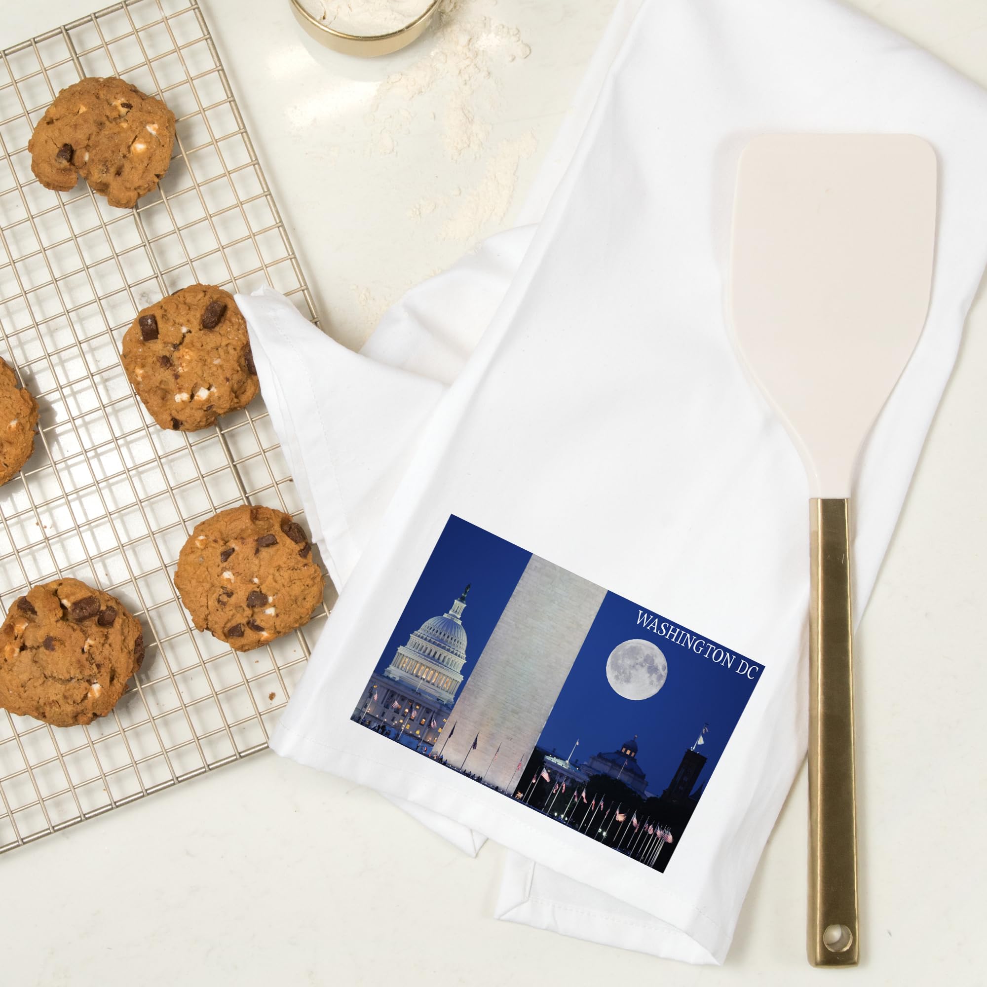 Lantern Press Skyline and Full Moon Washington DC Tea Towel - 100% Cotton Decorative Hand Towel for Kitchen & Home Decor | Perfect for Gift, Dish Drying, and Wall Art Display