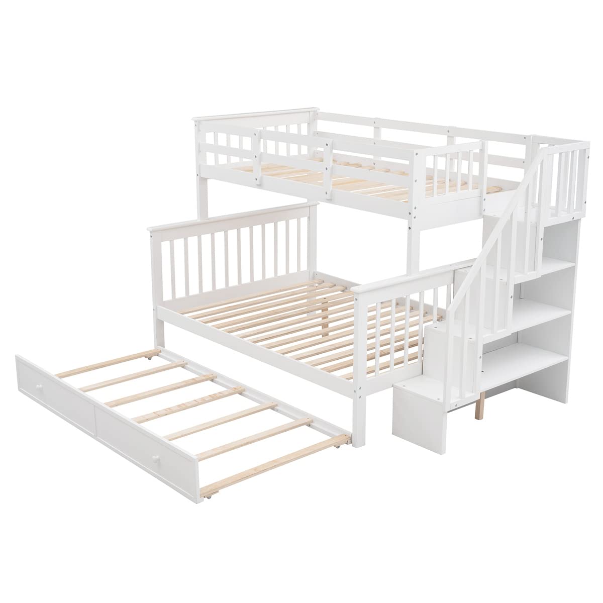 **Solid Wood Twin-Over-Full Bunk Bed with Stairway, Trundle & Storage – Safe Guard Rail for Kids, Teens & Adults – Perfect for Bedrooms, Dorms & Small Spaces – White**    *(Use in kids' rooms, guest bedrooms, dormitories, or space-saving home solutions!)*