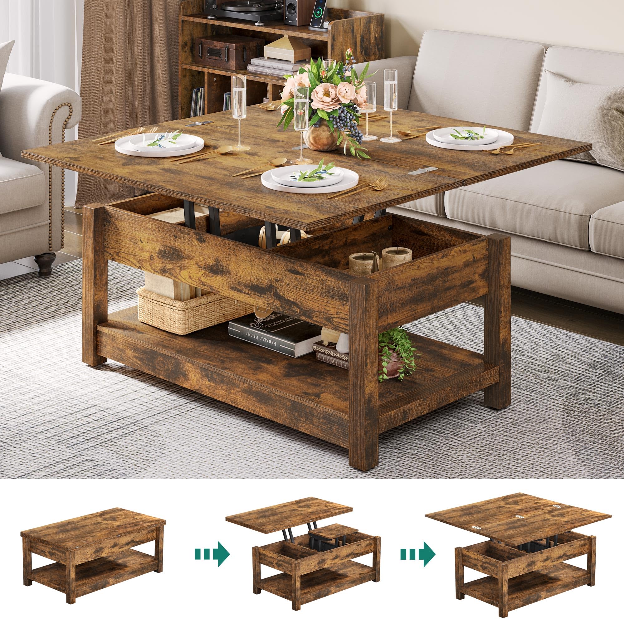 YITAHOME Lift Top Coffee Table with Storage - 3-in-1 Multi-Function Wooden Center Table with Hidden Compartment, Rustic Brown Farmhouse Style for Living Room | Perfect for Small Spaces, Home Office & TV Room Decor