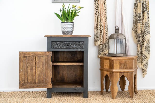 Handmade Charcoal Nightstand - Solid Wood Bedside Table with Hand Carved Design | Perfect for Bedroom, Living Room & Guest Room Decor
