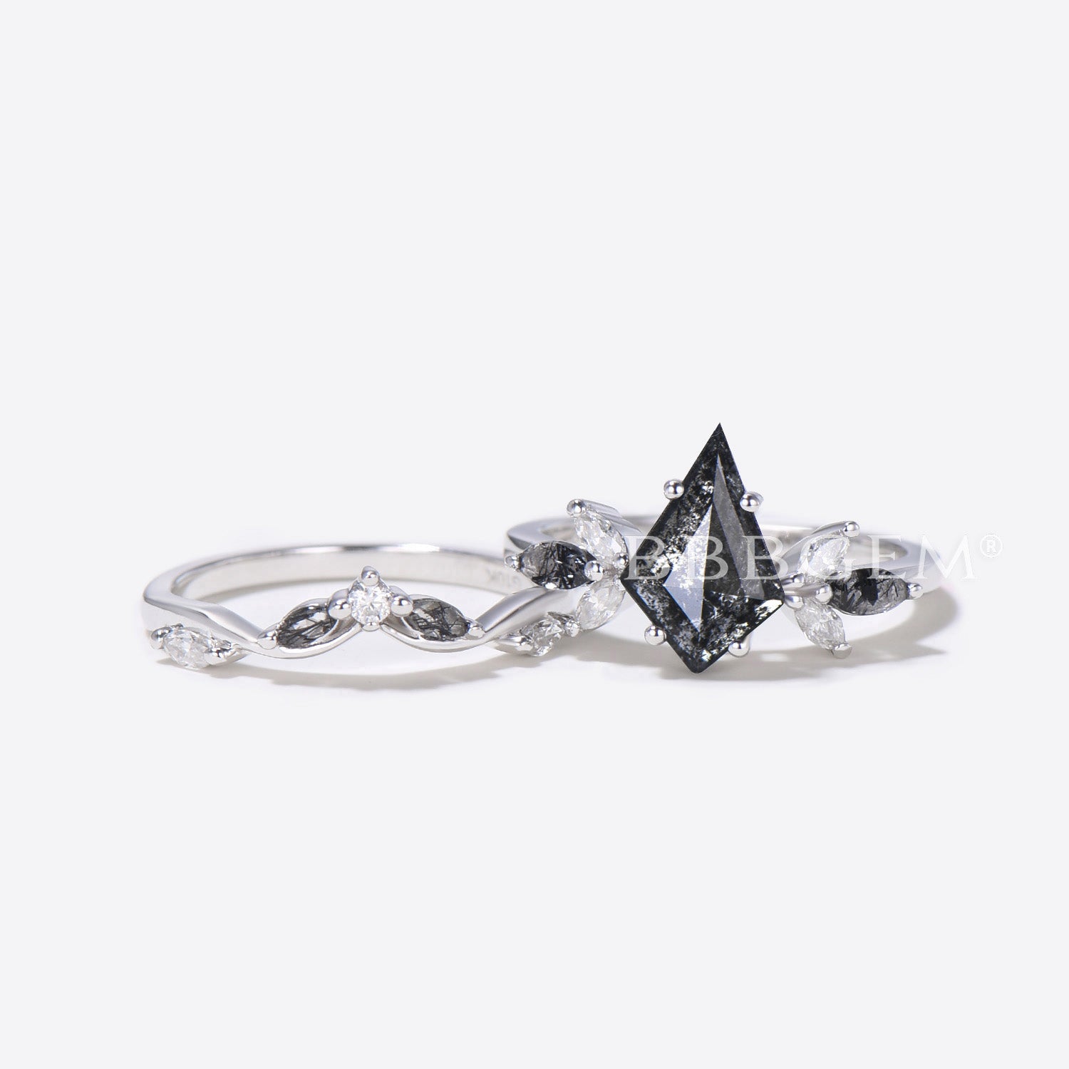 Natural Salt and Pepper Diamond Black Rutilated Quartz Cluster Bridal Ring Set - Unique Wedding Band for Engagement, Anniversary & Special Occasions