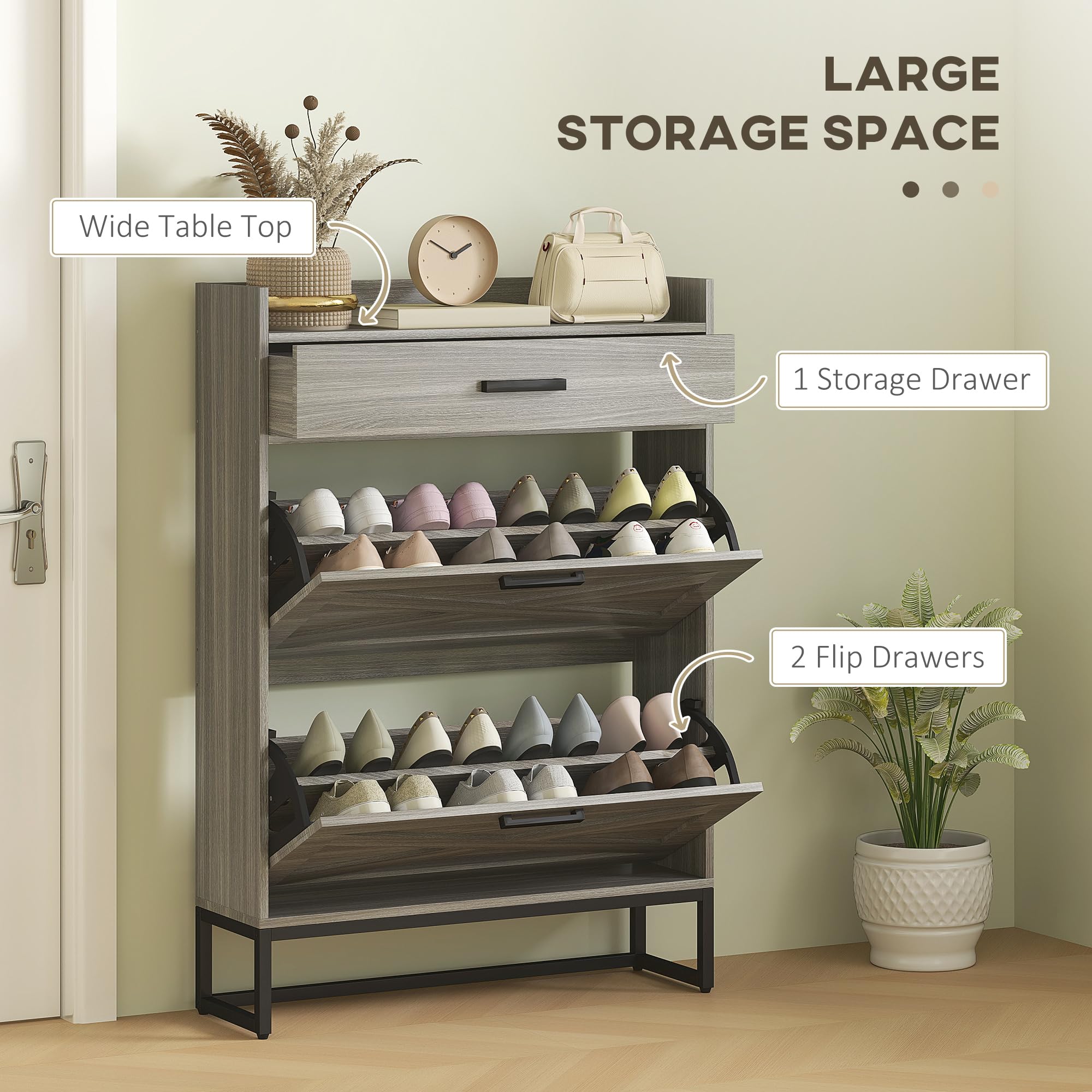 HOMCOM 12-Pair Narrow Shoe Storage Cabinet with Adjustable Shelves & 2 Flip Drawers - Farmhouse Entryway Shoe Organizer with Top Drawer, Distressed Gray for Hallway, Closet & Mudroom Organization