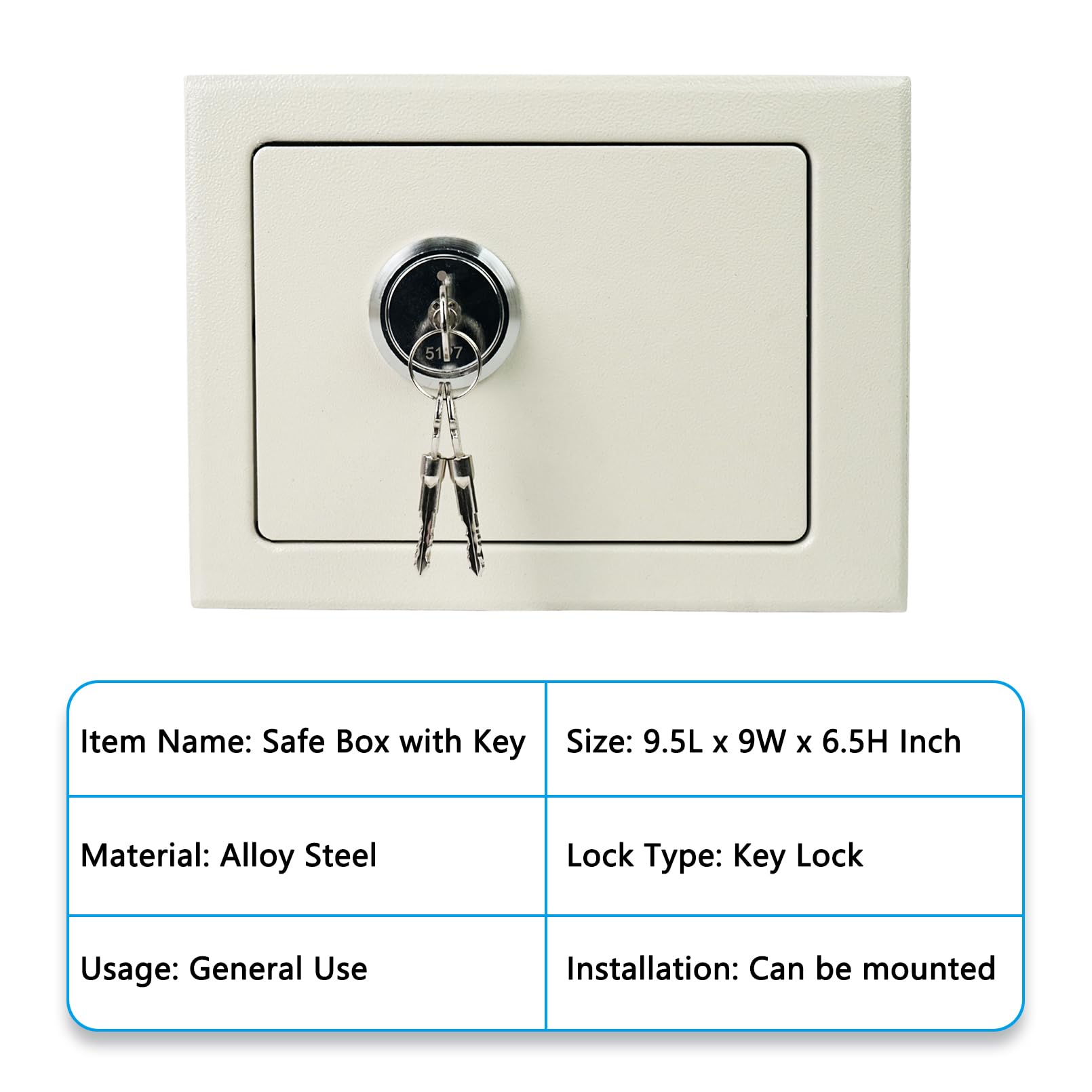 Luwint Small Steel Safe Lock Box with Key - 9.5 x 9 x 6.5 Inch Home Security Safe for Cash, Jewelry & Documents - Portable White Safety Deposit Box for Bedroom, Office or Travel