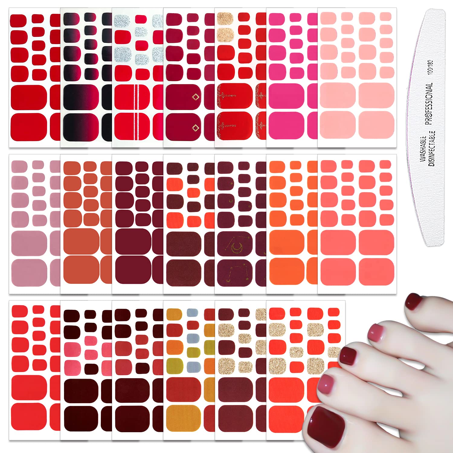 WOKOTO 20 Sheets 440pcs Red Nail Stickers - Full Cover Nail Wraps for Women & Toes - Solid Color Gel Polish Strips, Press On Nail Art Kit - Perfect for Salon, Home Manicures & Pedicures, Parties & Gifts