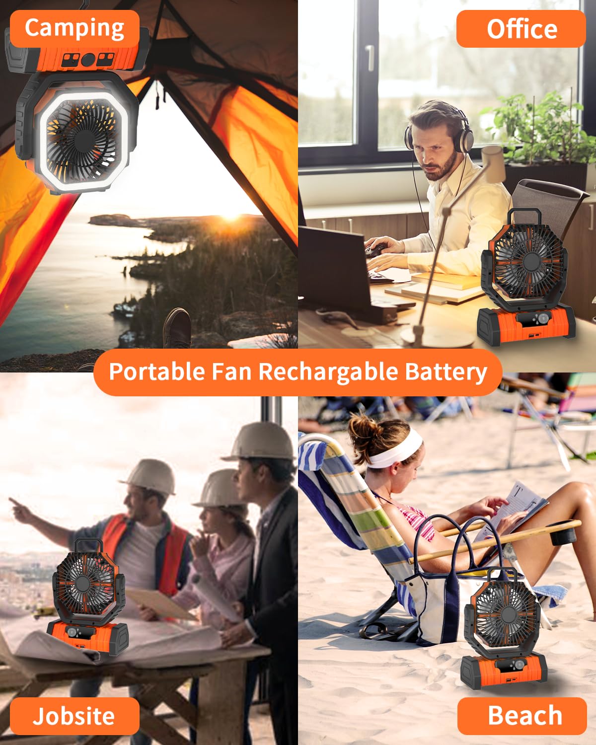 ADUST 20000mAh Rechargeable Battery Powered Camping Fan with LED Lantern - Portable Oscillating Fan with 360° Rotation & Hanging Hook - USB Desk Fan for Tent, Bedroom, Office, Outdoor Adventures (Orange)