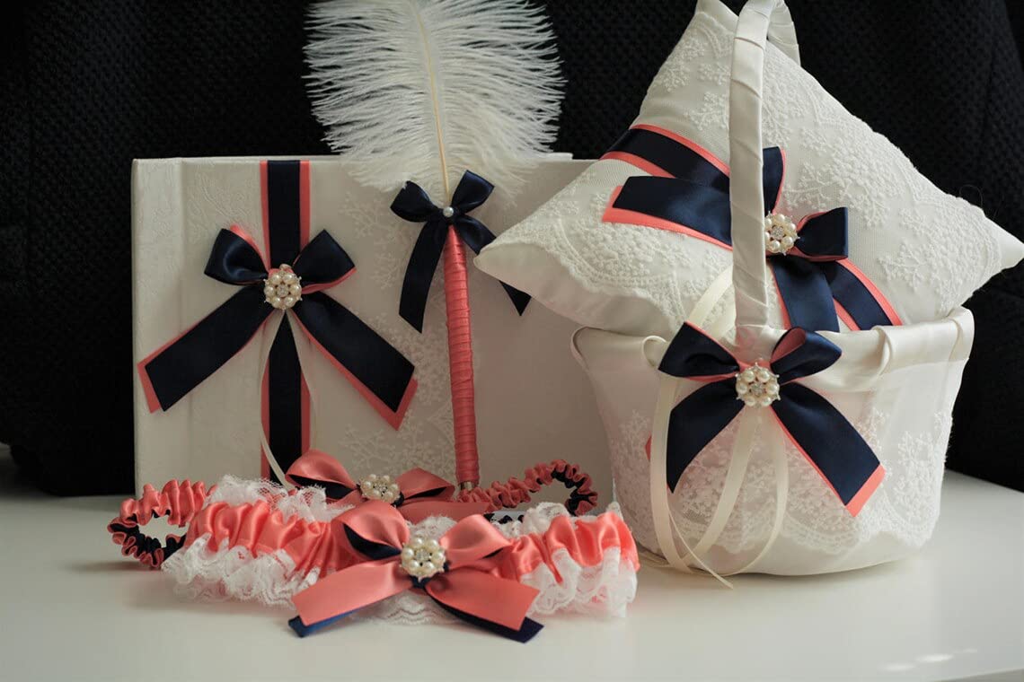Elegant Coral & Navy Wedding Ring Bearer Pillow Set with Flower Girl Baskets - White (1 Pillow + 2 Baskets) - Perfect for Beach Weddings, Rustic Ceremonies & Boho Nautical Themes