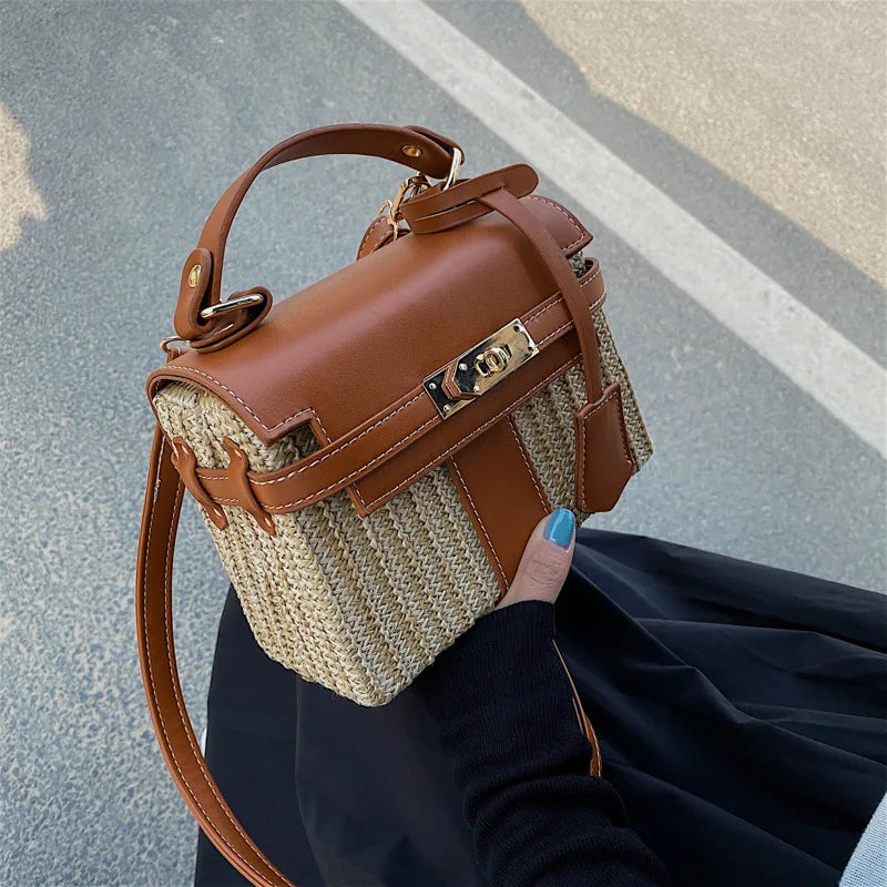 Stylish Woven Straw Handbag for Women - Designer Wicker Crossbody Shoulder Bag with Chic Lock, PU Trim - Perfect for Summer Beach, Vacation & Outdoor Activities