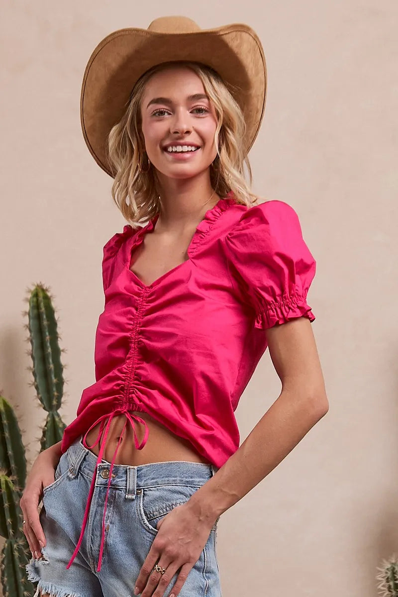 BiBi Ruffled Square Neck Front Ruched Puff Sleeve Blouse - Elegant Women's Fashion Top for Work, Date Night & Special Occasions