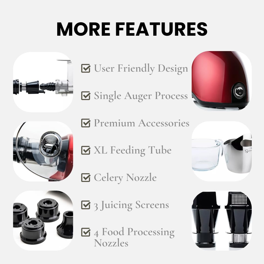 Premium SANA 707 Cold Press Slow Juicer - Horizontal Single Auger Design for Maximum Nutrient Extraction | Powerful Motor, Easy Cleaning, Auto Feed System | Make Fresh Juice, Frozen Desserts, Pasta & Nut Milk | Includes Celery Attachment & 15-Year Warranty (Red) | Perfect for Healthy Lifestyles, Raw Food Diets & Home Kitchens