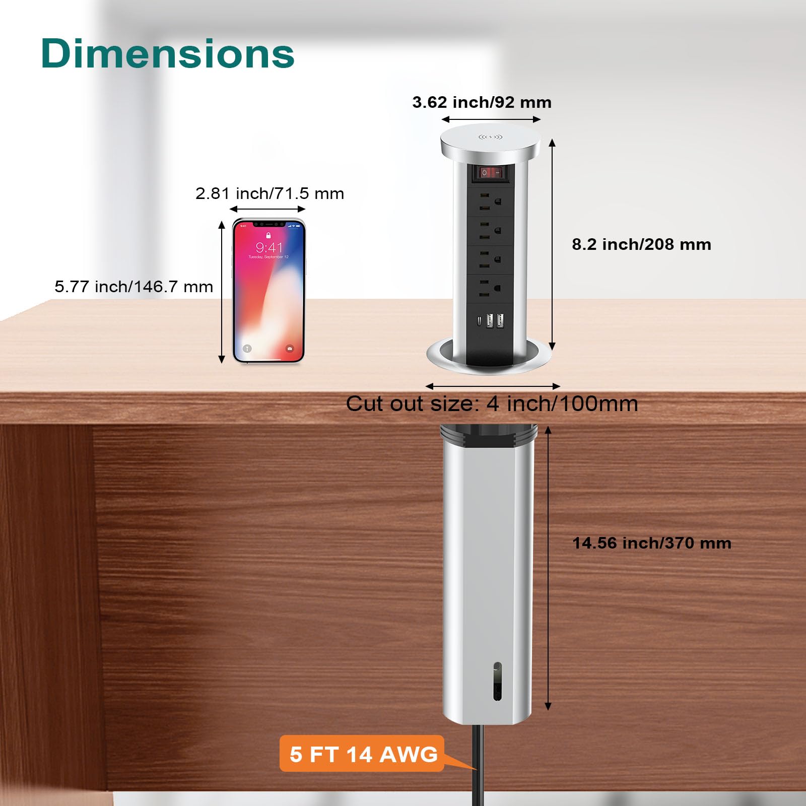 QBA Pop Up Outlet with 20W USB-C & 10W Wireless Charger - 4 AC Outlets & 3 USB Ports Recessed Power Strip for Kitchen Island, Office, Countertop - Flush Mount Electrical Outlet (Black) | Perfect for Home, Office & Coffee Shop Charging Stations