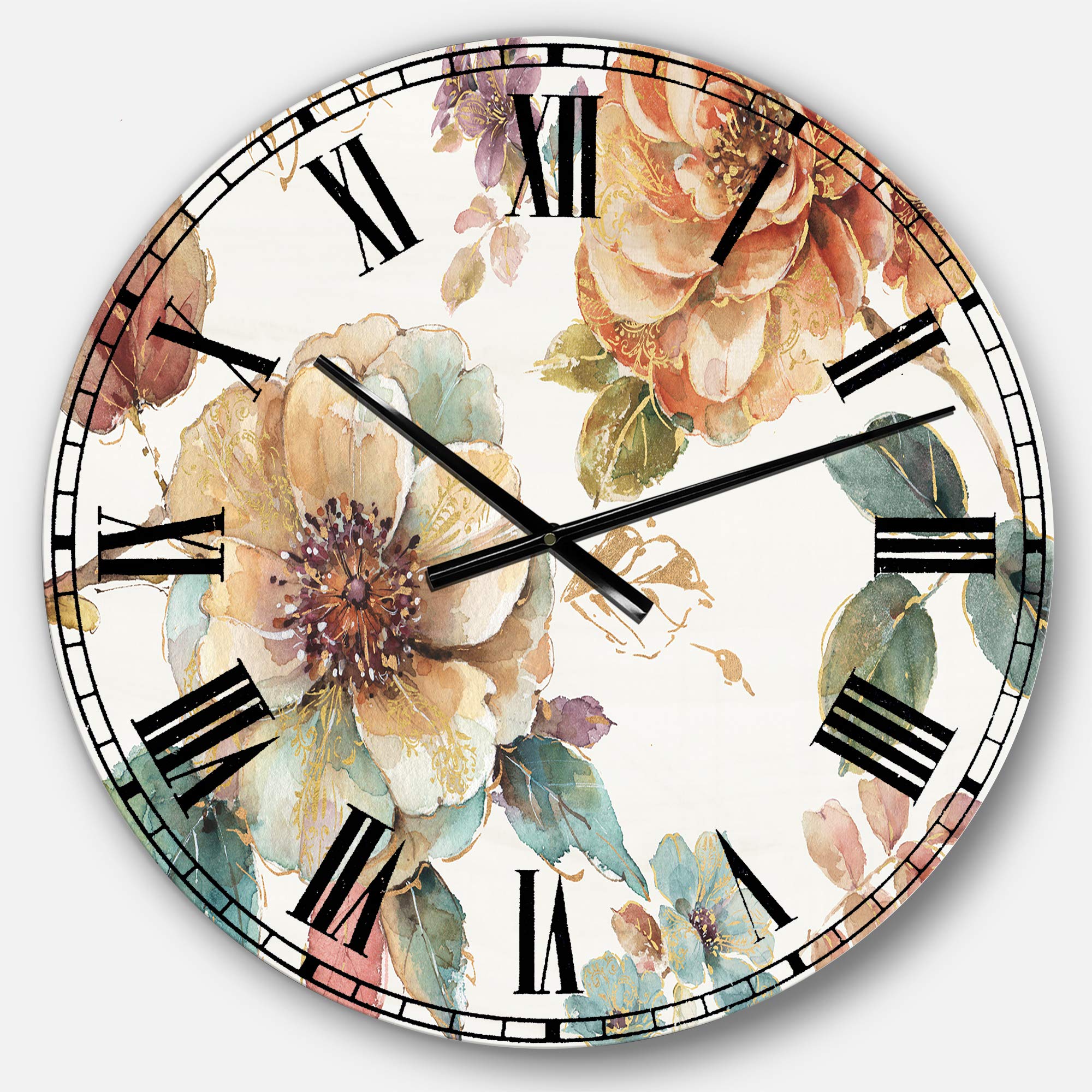 Designart Orange & Cream Cottage Flowers Twig Wall Clock - Farmhouse Round Metal Wall Art for Home, Living Room, Bedroom & Office Decor | Perfect for Rustic, Vintage & Boho Interior Design Styles
