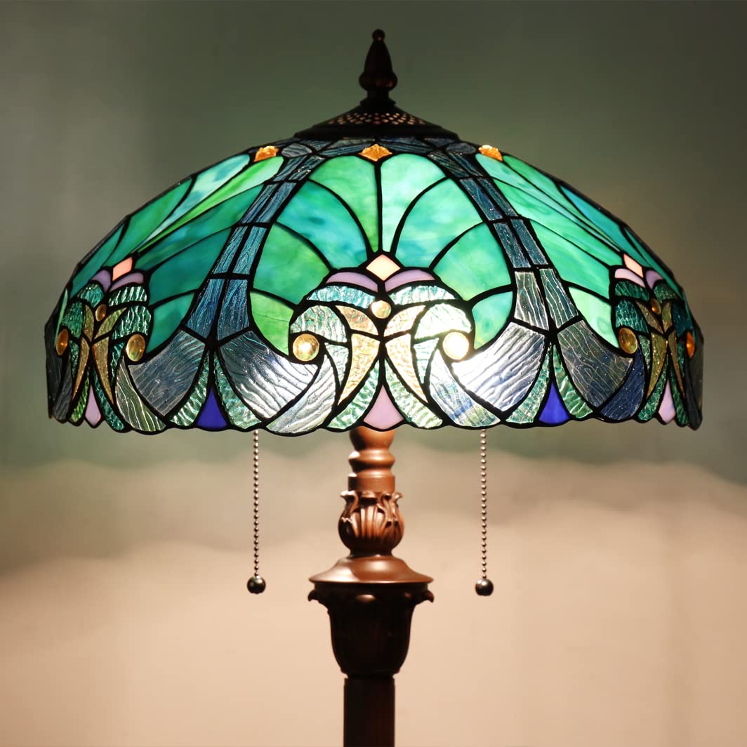 Tiffany Style Floor Lamp with Stained Glass Shade - Vintage Antique Double Light Standing Lamp for Living Room, Bedroom - Perfect for Home Decor, Reading Nook & Cozy Ambiance