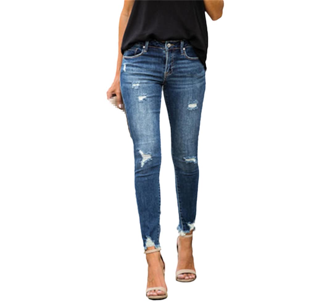 Vintage Distressed Skinny Jeans for Women - Mid Waist Ripped Denim Pants for Summer Casual Wear