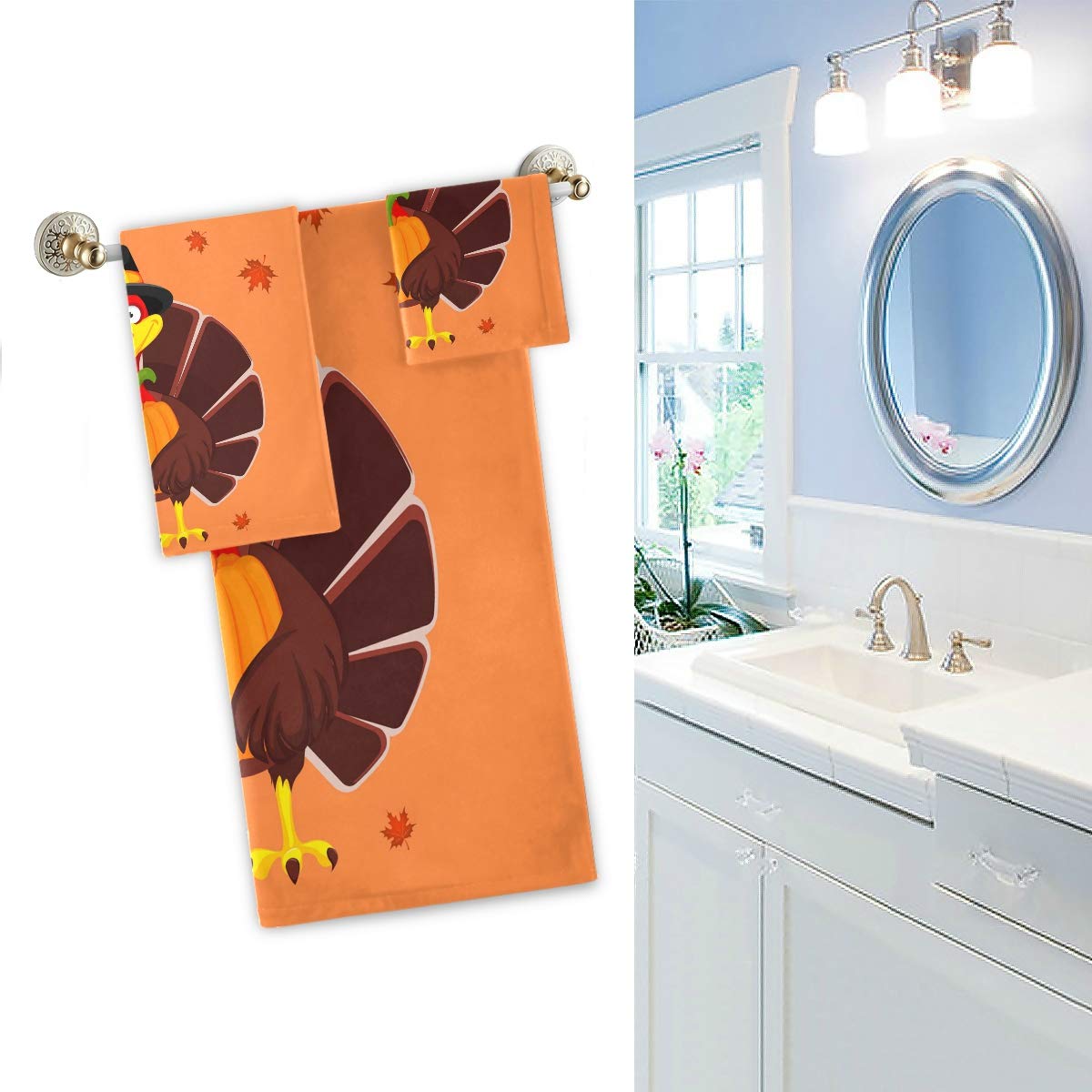 Thanksgiving Turkey Pumpkin Soft Luxury Towel Set - 1 Bath Towel, 1 Hand Towel, 1 Washcloth | Cute Holiday Decor for Bathroom, Kitchen, Gym, Spa & Beach | Perfect for Thanksgiving Home Decor & Gift Giving