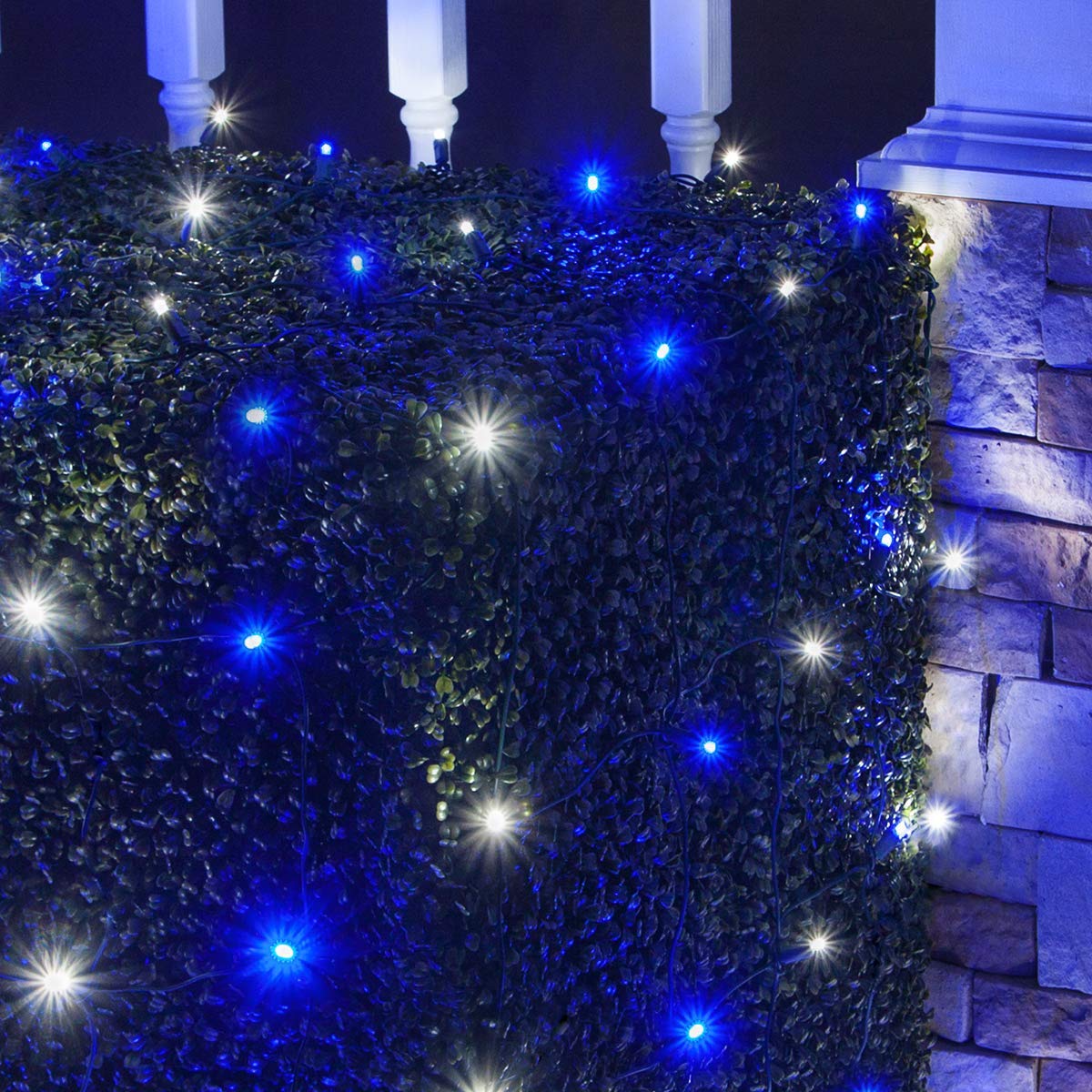 Wintergreen Lighting LED Blue and Cool White Net Lights for Outdoor Holiday Decorations – 100 LED Christmas Net Lights (4x6 ft, 5mm) – Perfect for Hedges, Bushes, Trees, and House Exteriors